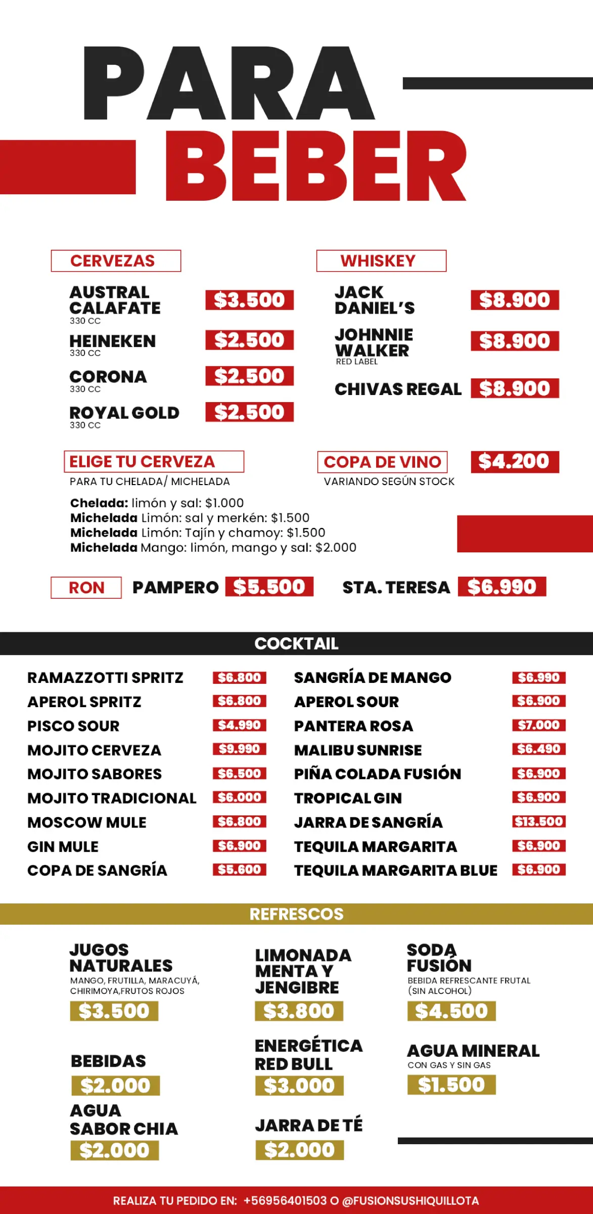 Carta de rolls especiales y rolls tempura calientes, trabajo de fusion sushi quillota