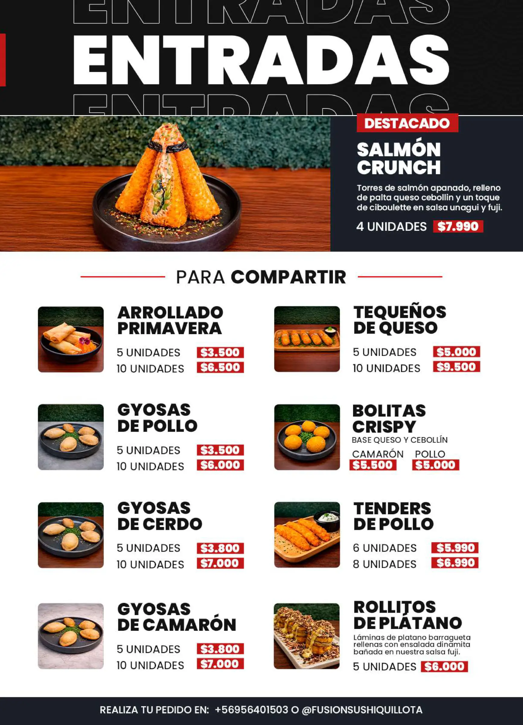 Carta de rolls clásicos envueltos en salmón y palta, trabajo de fusion sushi quillota