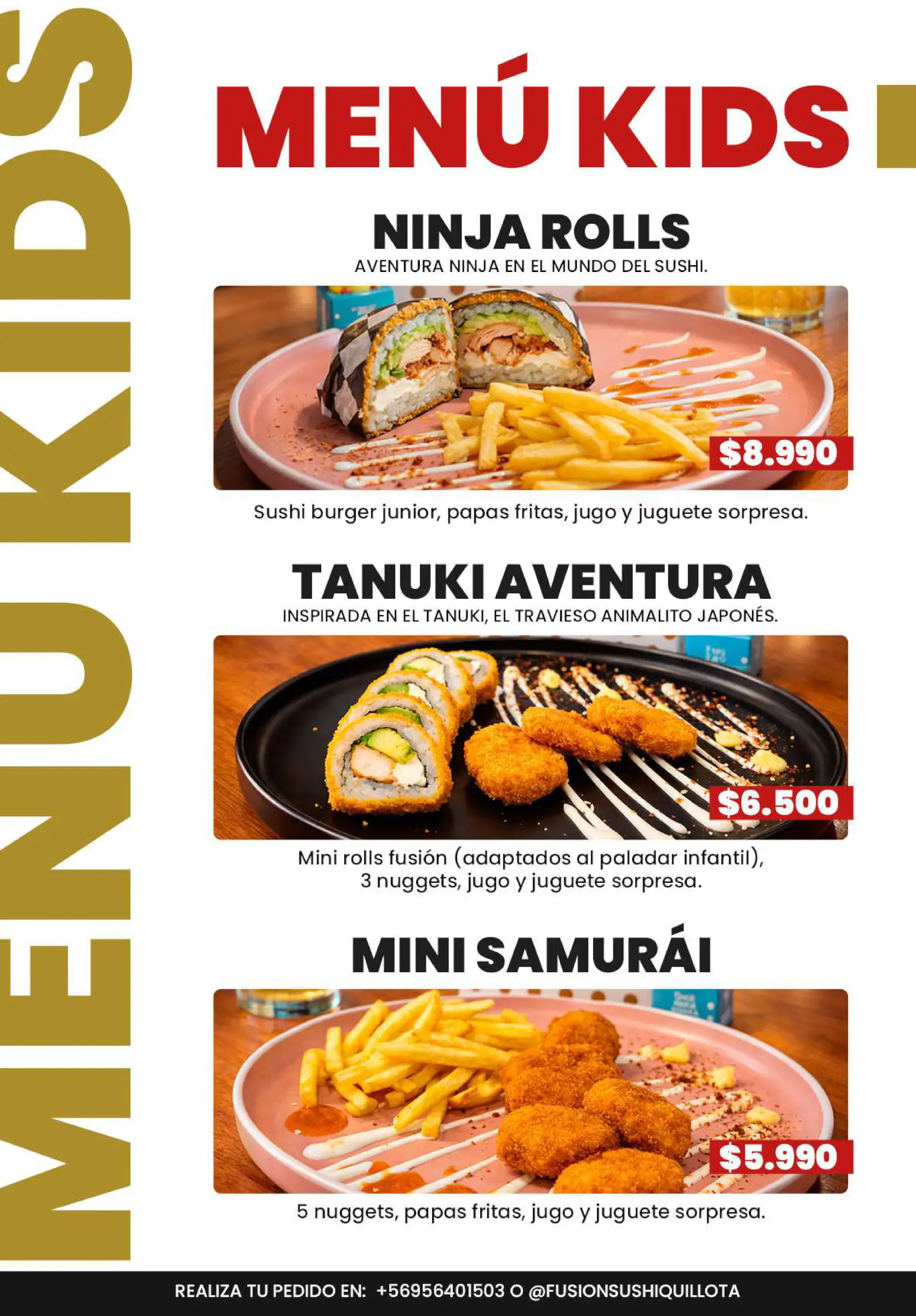 Carta de rolls envueltos en queso crema y sésamo, trabajo de fusion sushi quillota