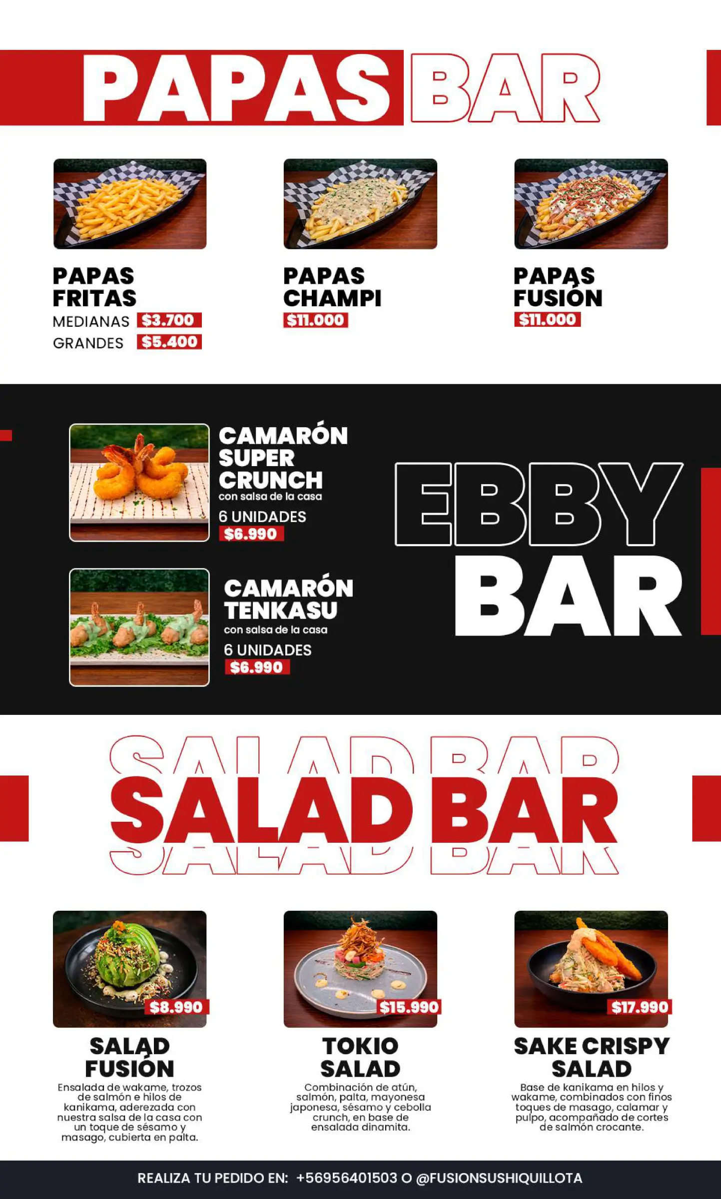 Carta de rolls sin arroz y opciones vegetarianas, trabajo de fusion sushi quillota