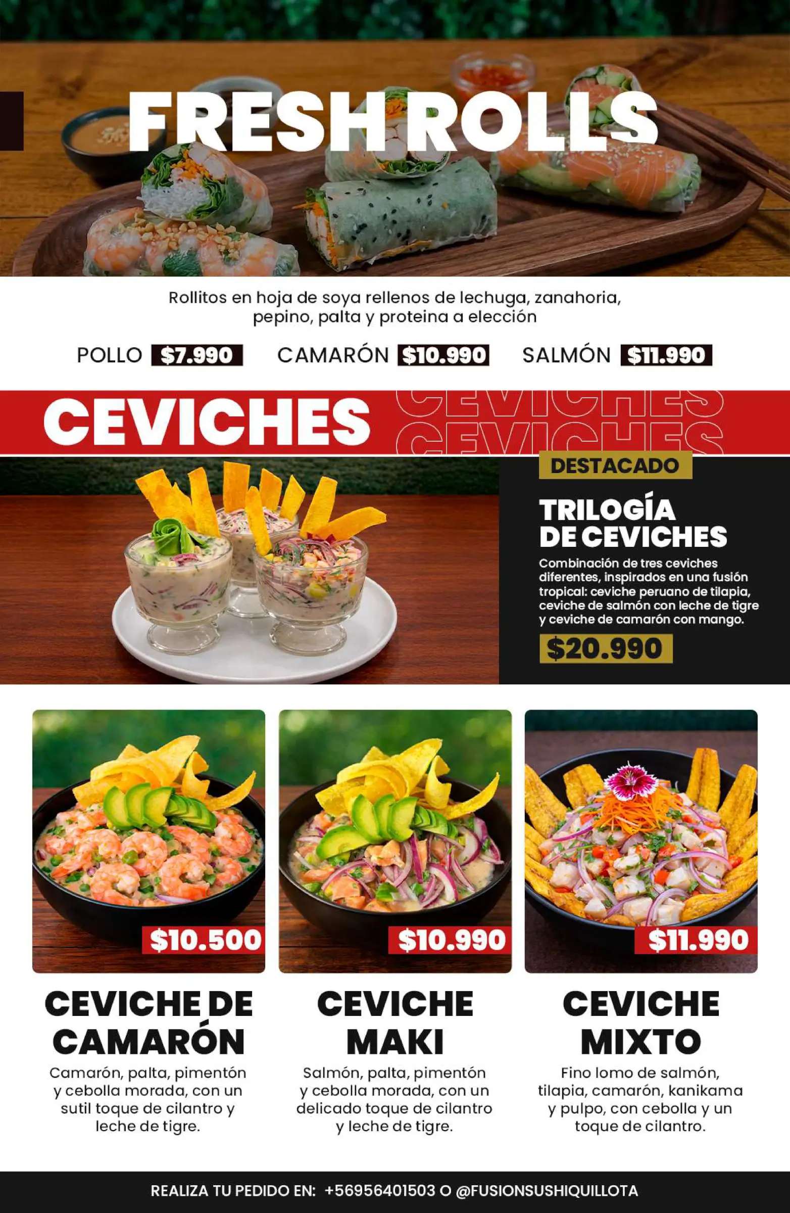 Carta de gyosas, ceviches y entradas calientes, trabajo de fusion sushi quillota