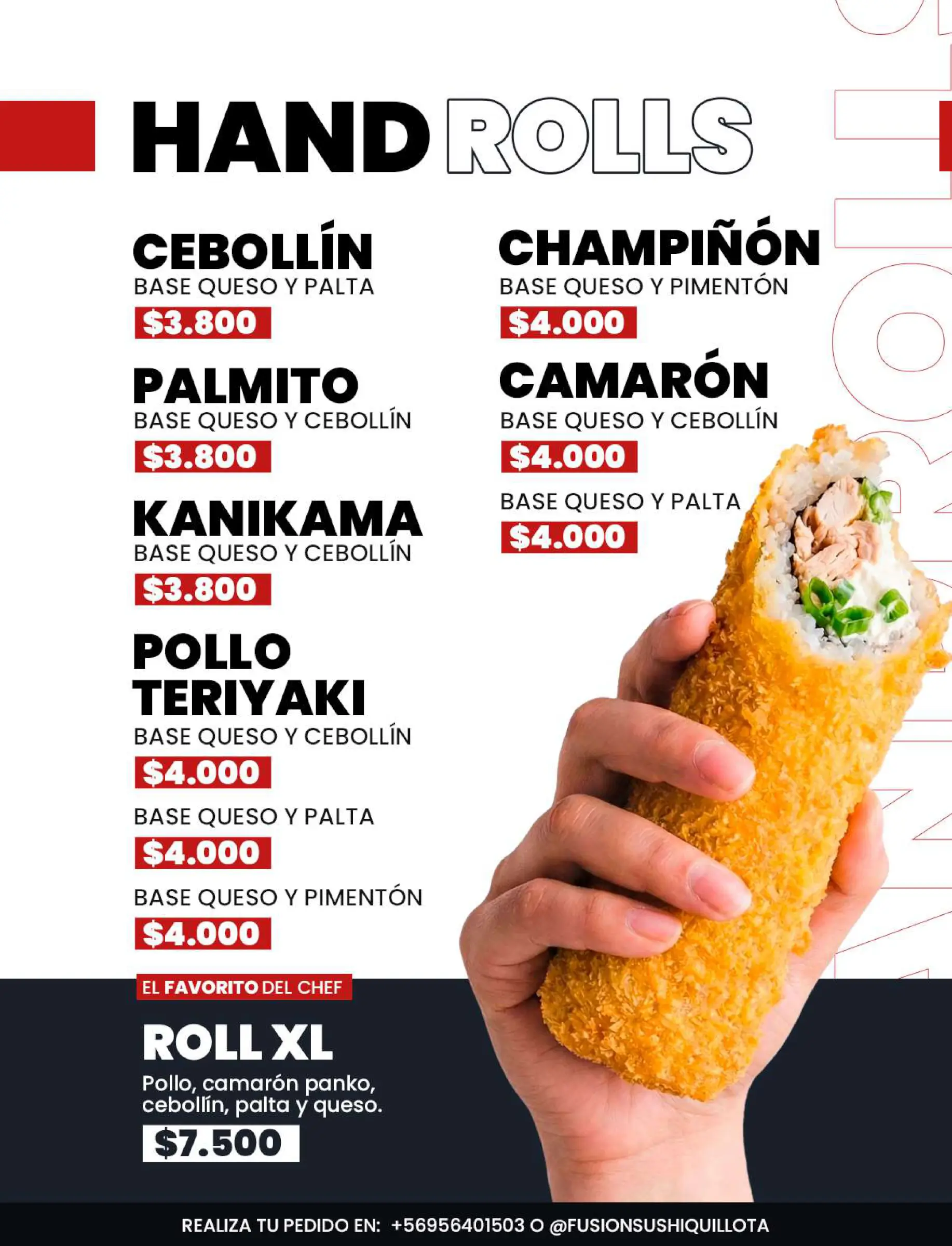 Carta de hosomakis, nigiris y sashimis, trabajo de fusion sushi quillota