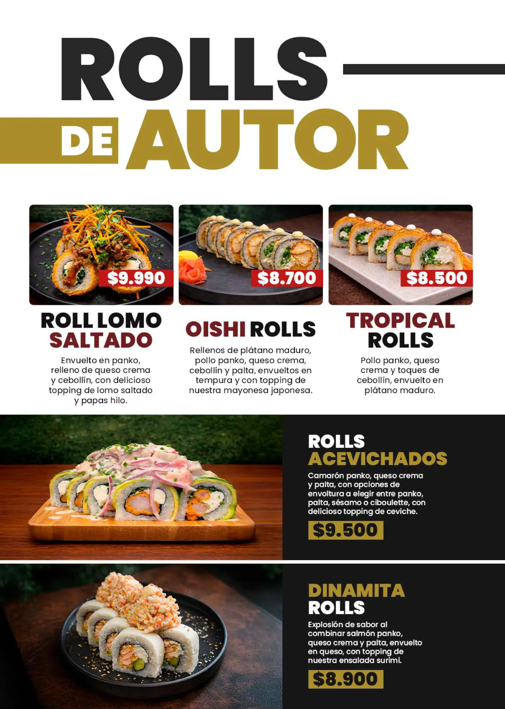 Carta de sushi burgers artesanales y salsas, trabajo de fusion sushi quillota