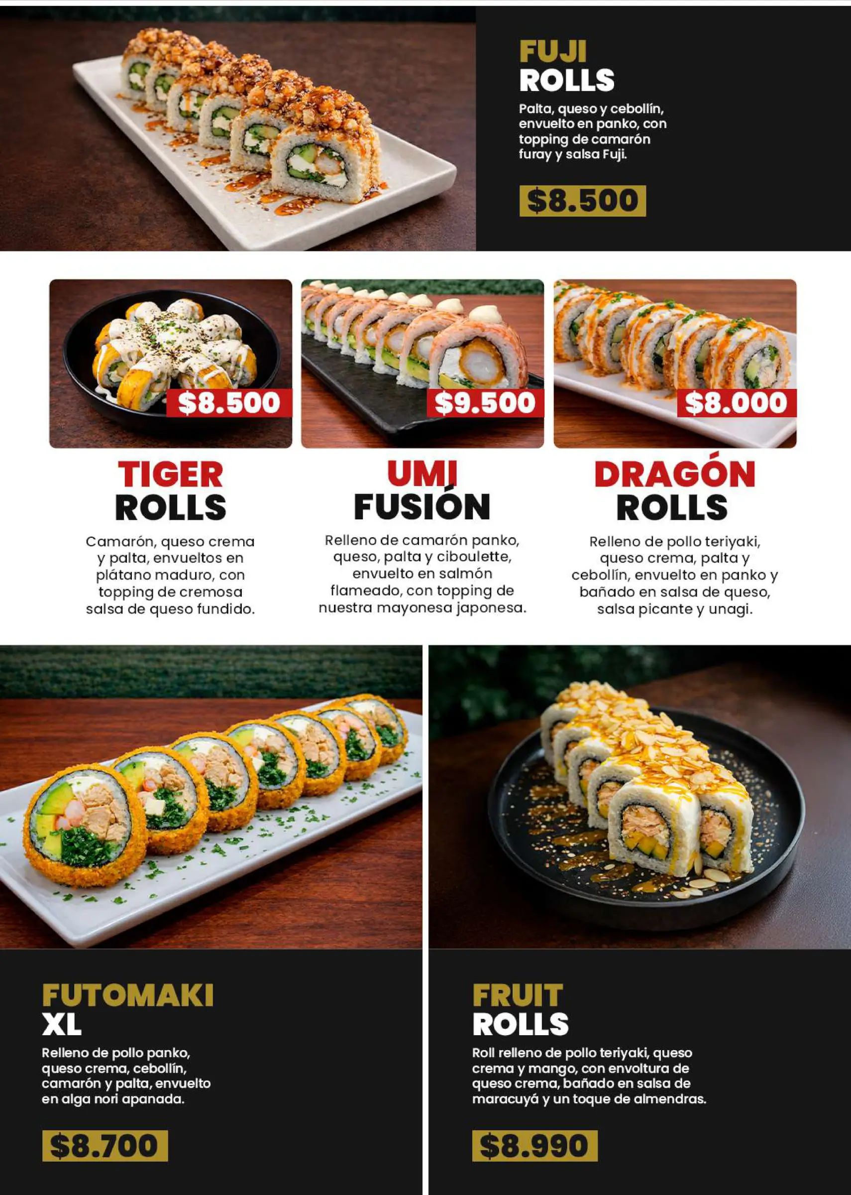 Carta de sushi burgers artesanales y salsas, trabajo de fusion sushi quillota