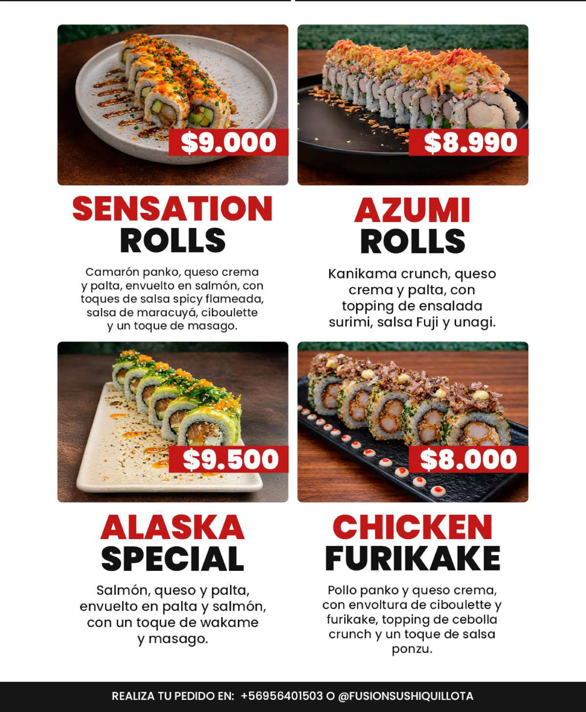 Carta de sushi burgers artesanales y salsas, trabajo de fusion sushi quillota