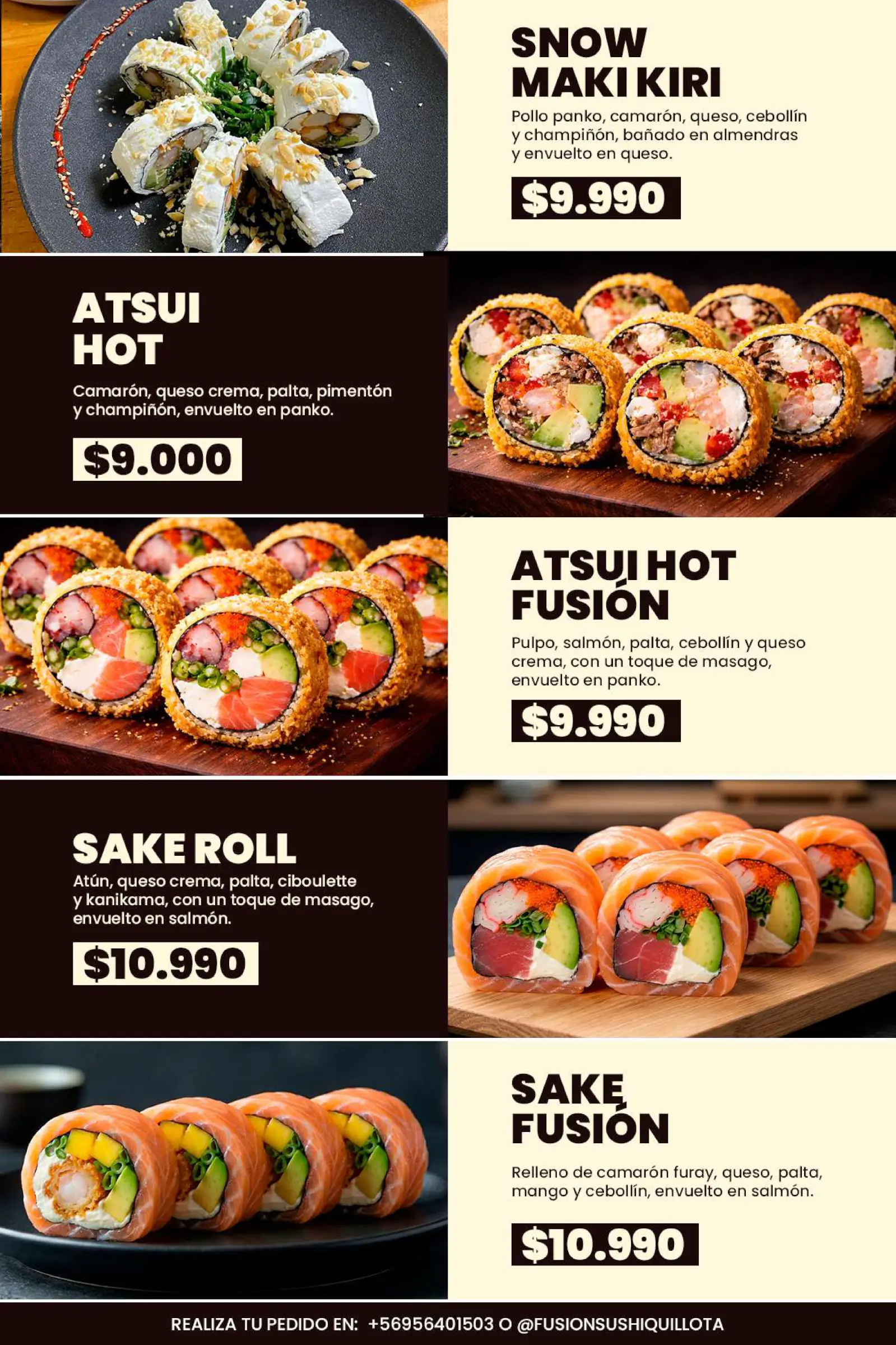 Carta de especialidades: Lámina de menú N° 10, trabajo de fusion sushi quillota