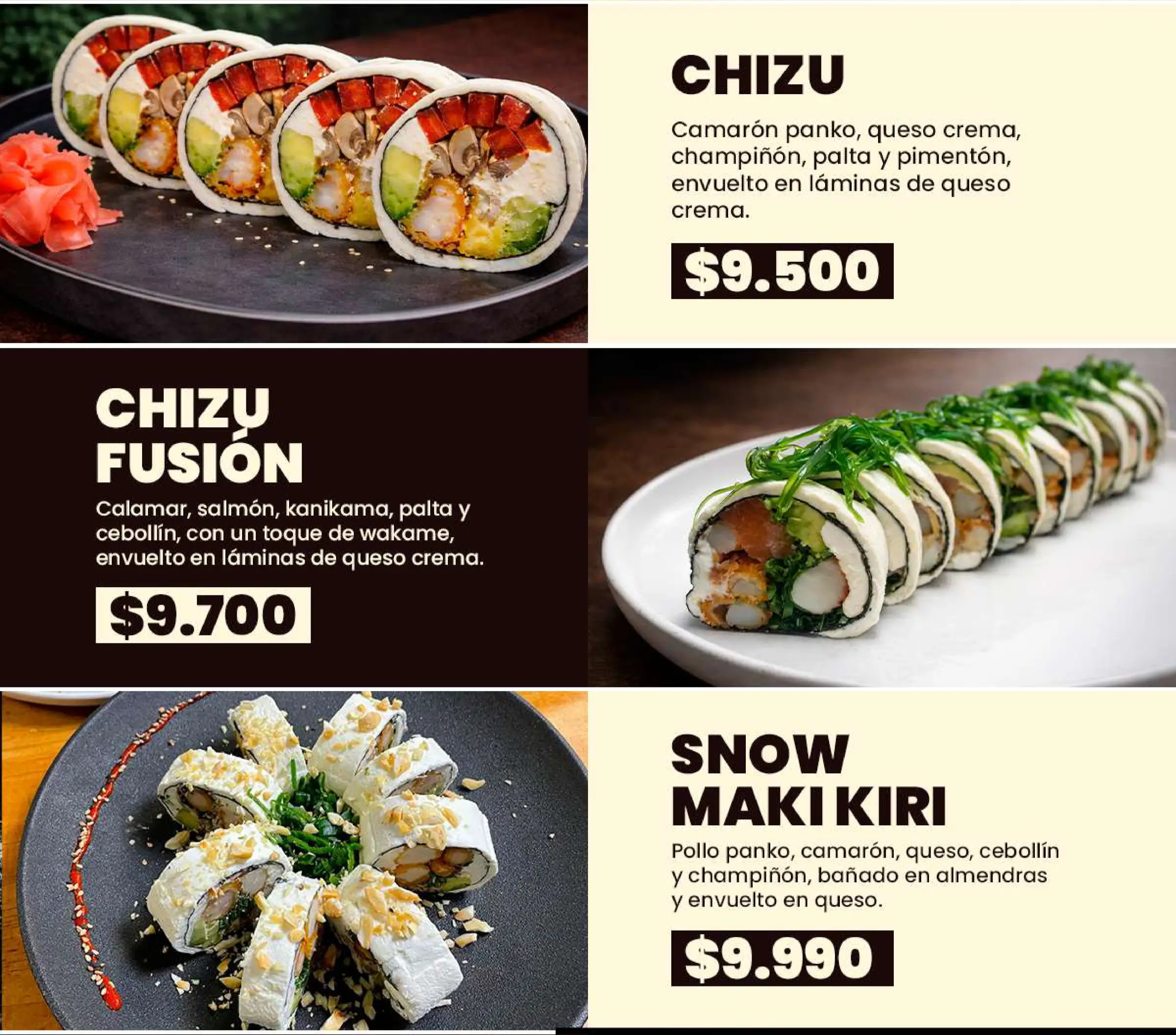 Carta de especialidades: Lámina de menú N° 10, trabajo de fusion sushi quillota