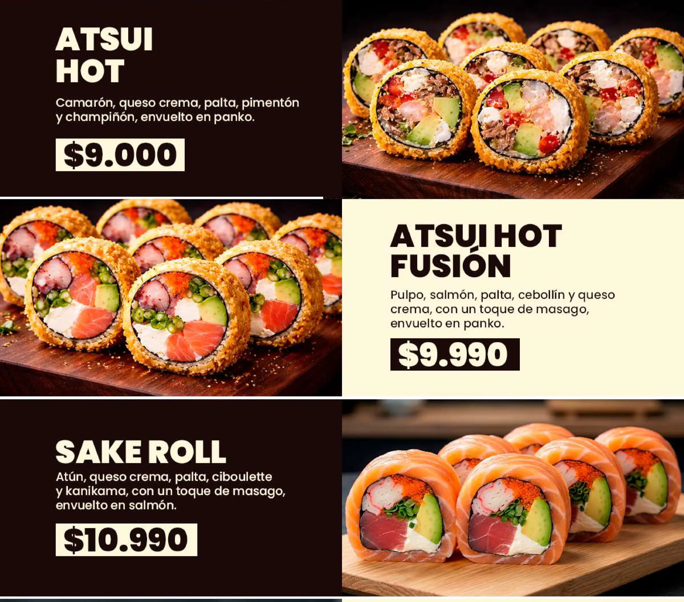 Carta de especialidades: Lámina de menú N° 10, trabajo de fusion sushi quillota