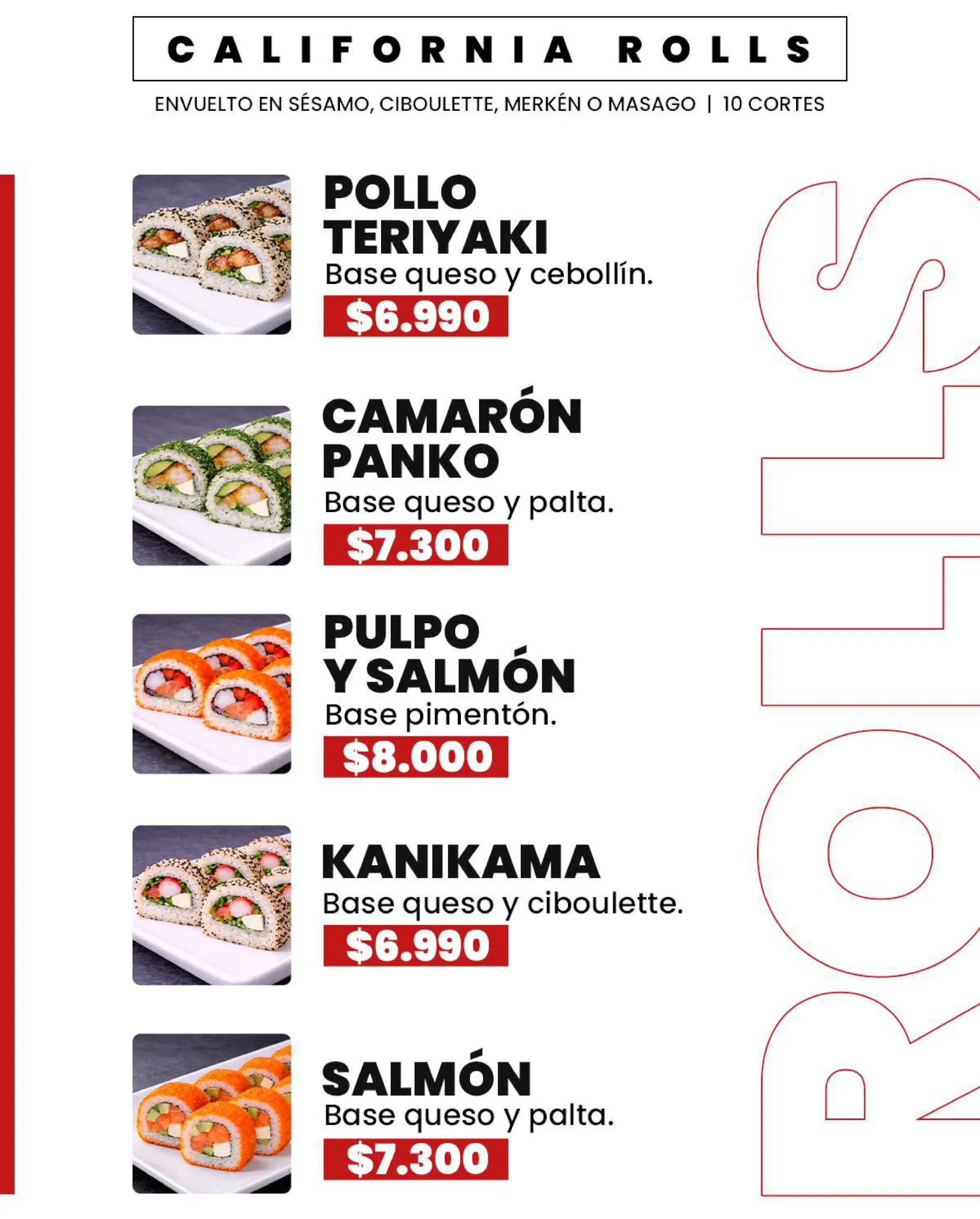 Carta de especialidades: Lámina de menú N° 10, trabajo de fusion sushi quillota
