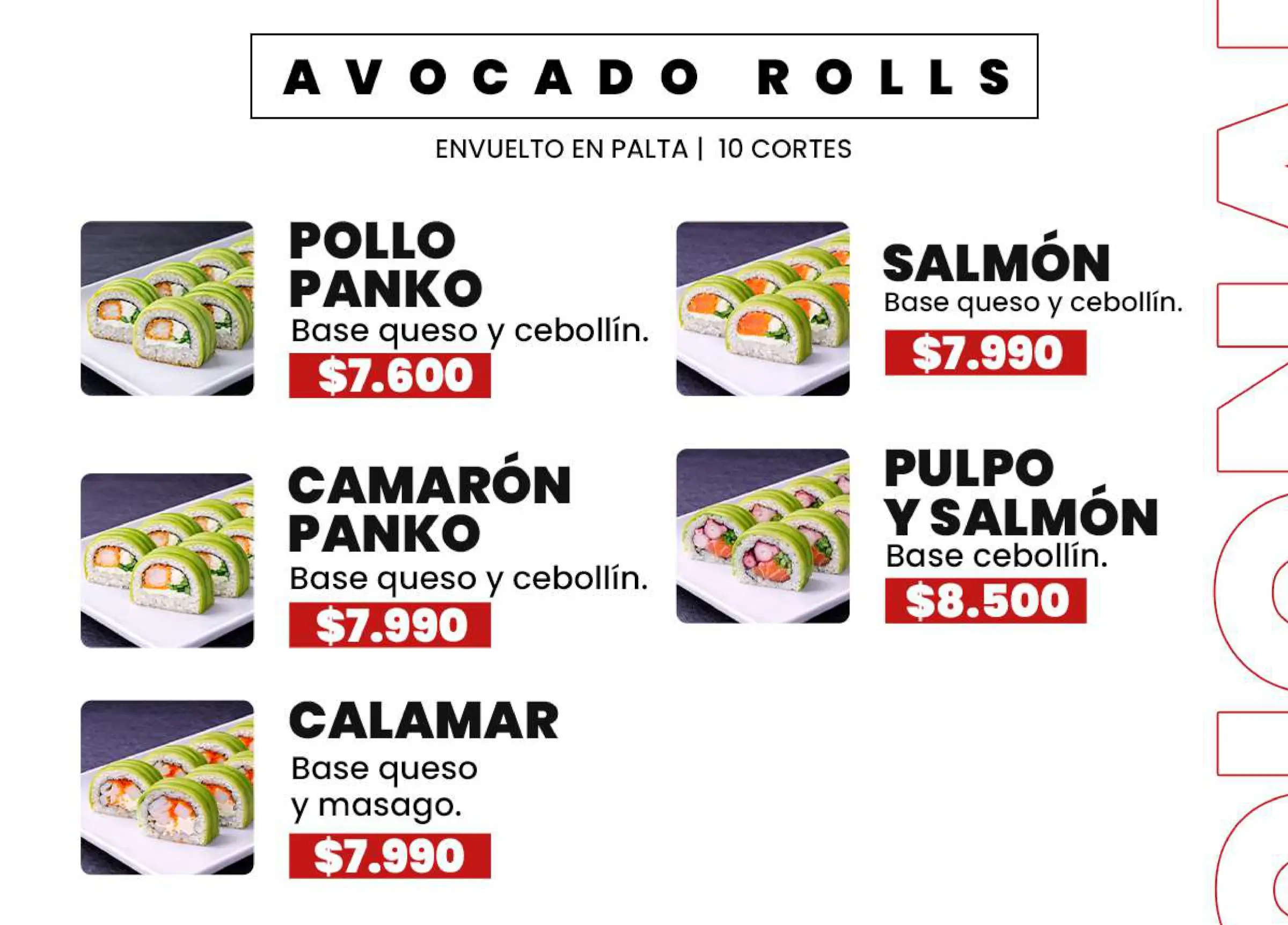 Carta de especialidades: Lámina de menú N° 10, trabajo de fusion sushi quillota