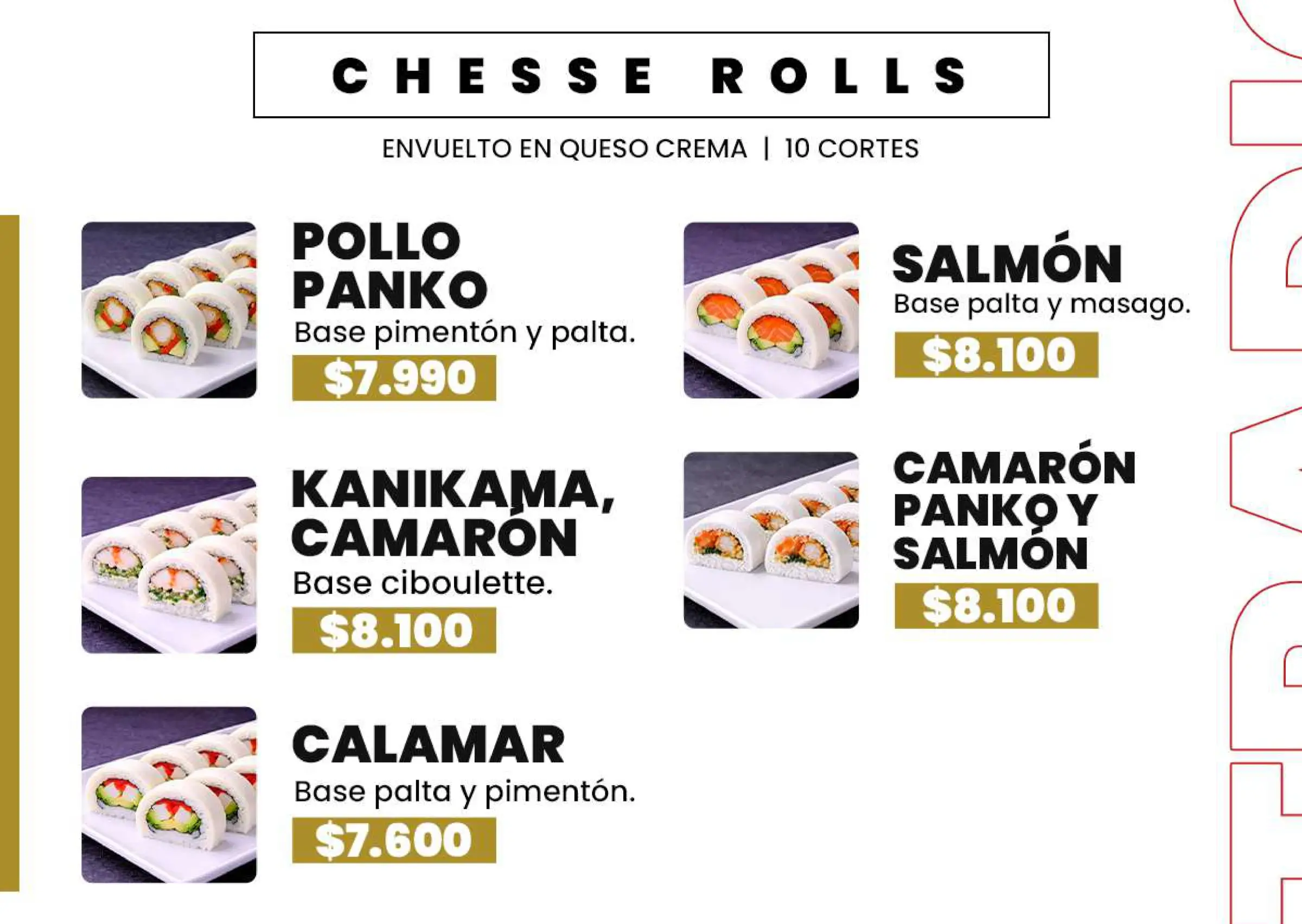 Carta de especialidades: Lámina de menú N° 10, trabajo de fusion sushi quillota