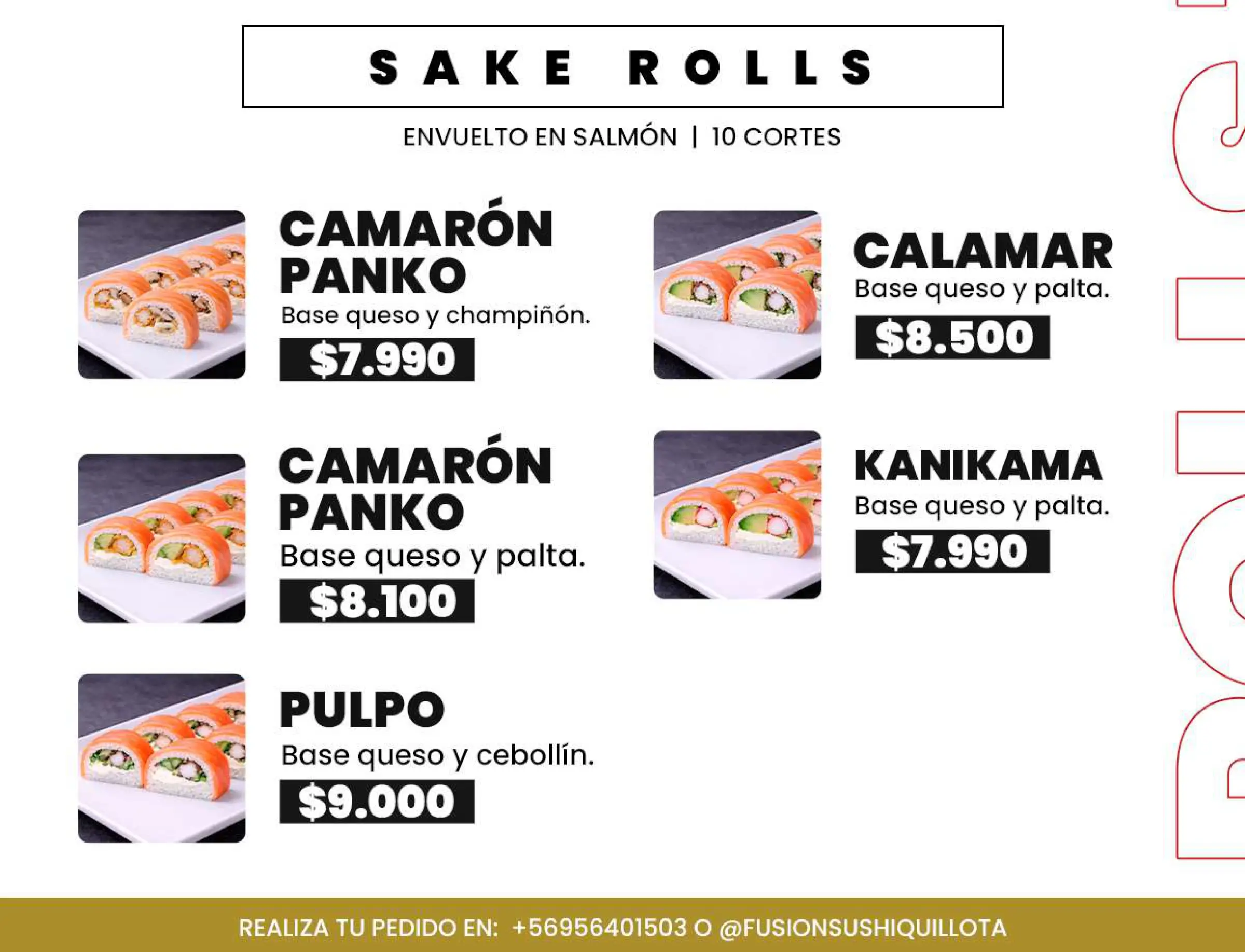 Carta de especialidades: Lámina de menú N° 10, trabajo de fusion sushi quillota