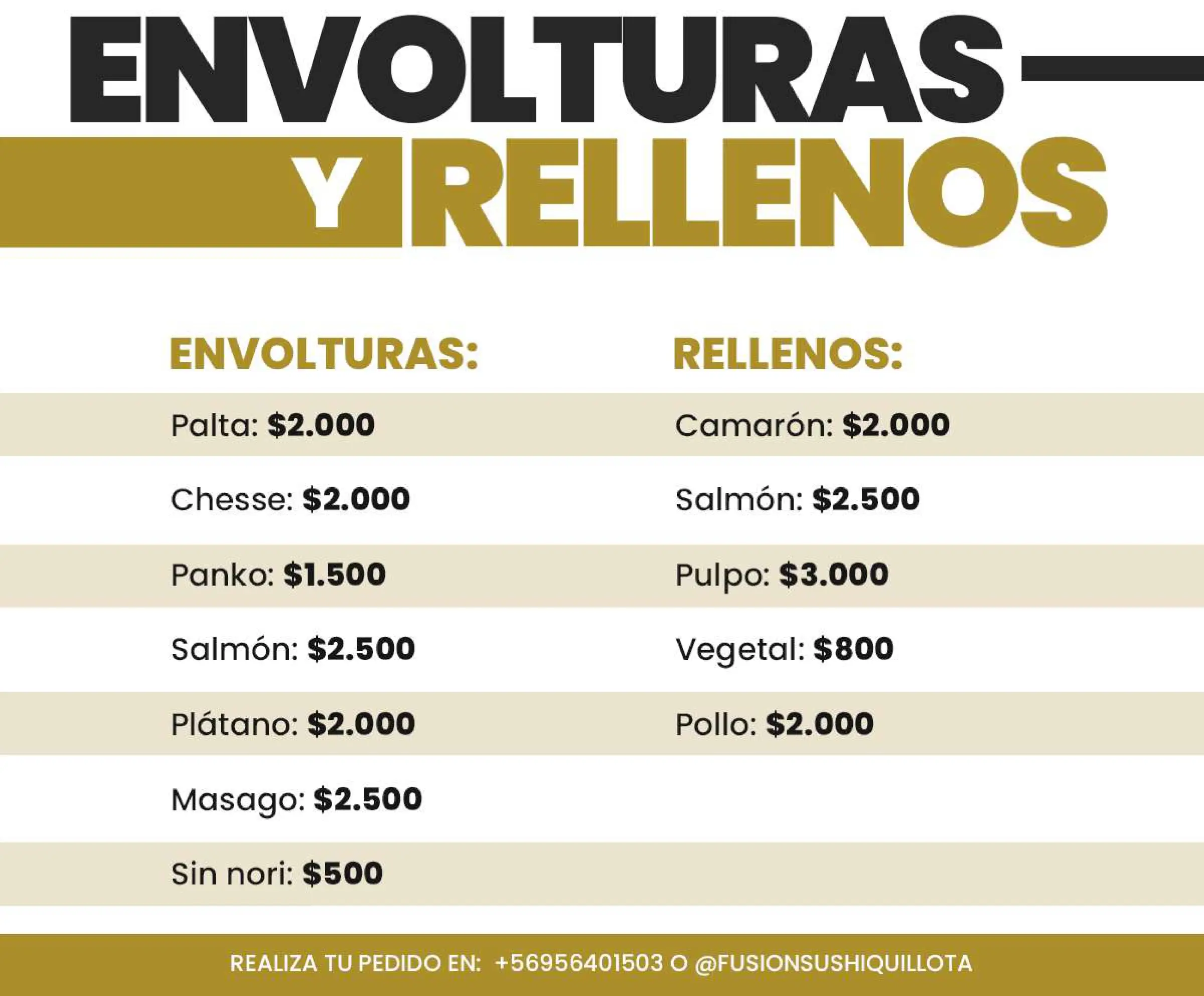 Carta de especialidades: Lámina de menú N° 10, trabajo de fusion sushi quillota