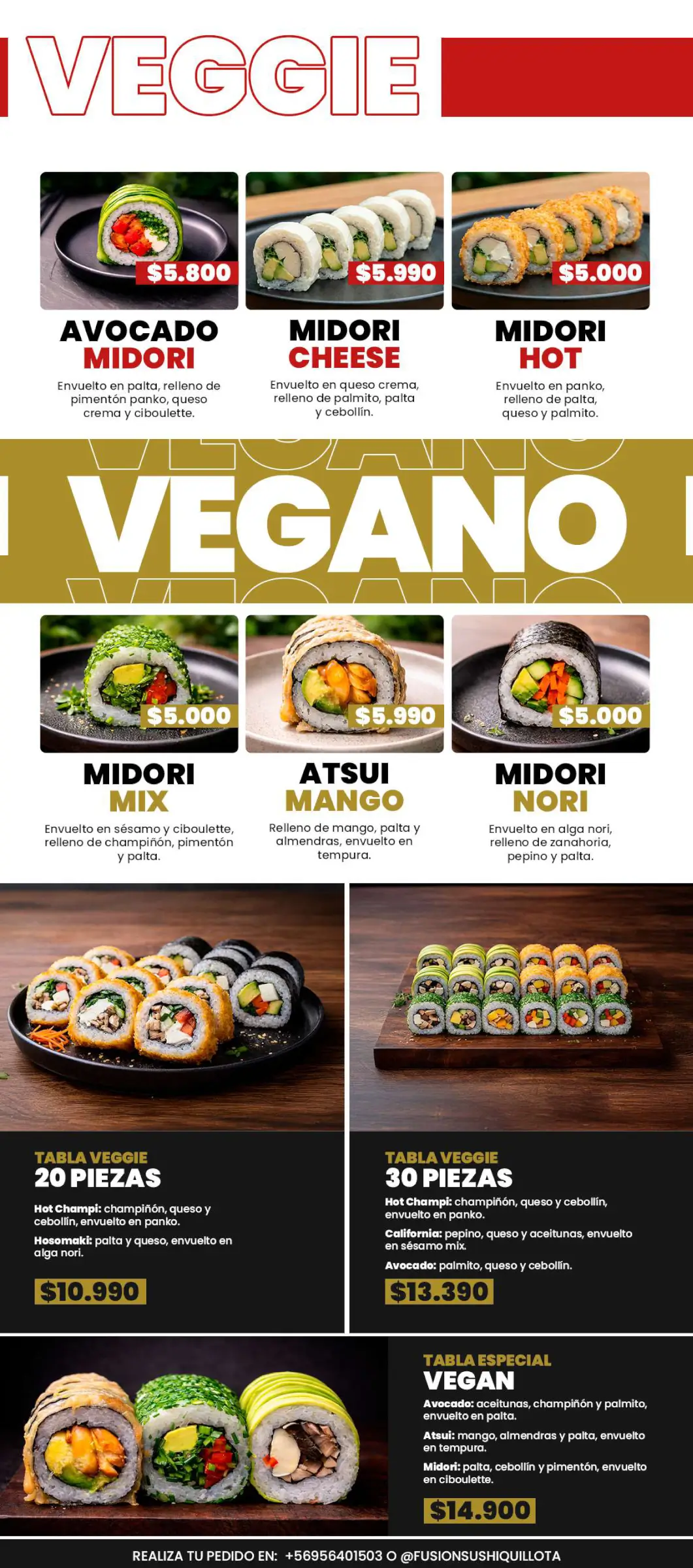 Carta de especialidades: Lámina de menú N° 14, trabajo de fusion sushi quillota
