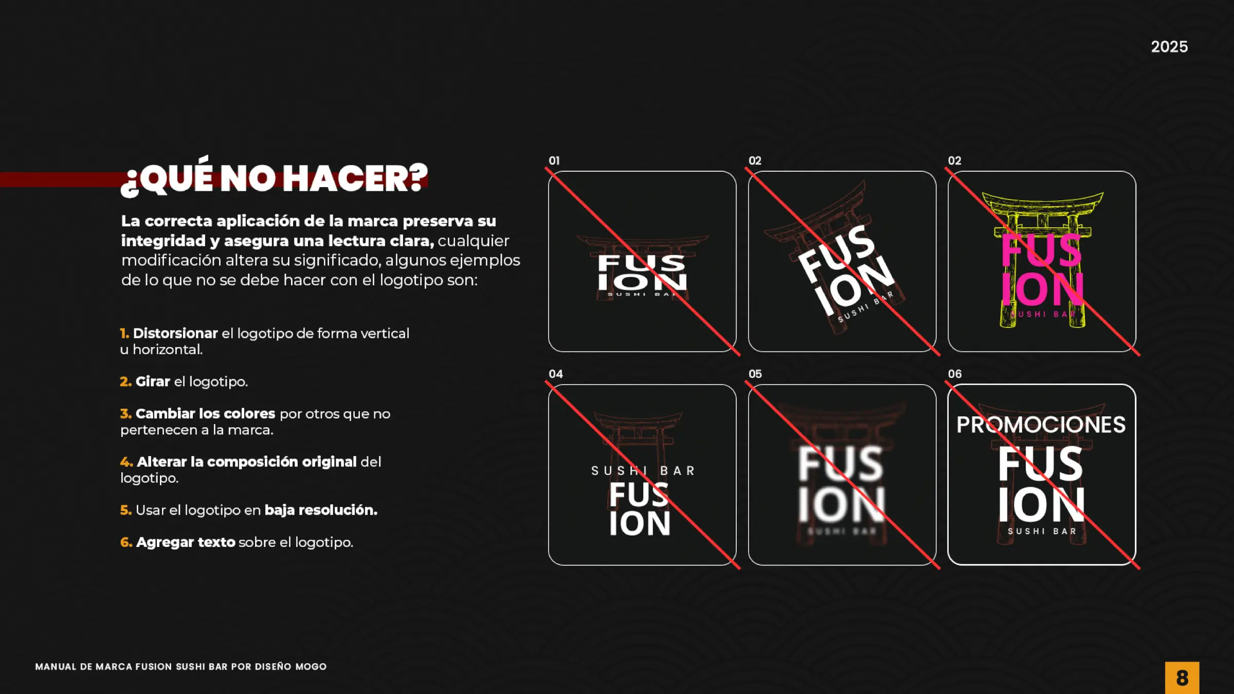 Manual de identidad: Usos incorrectos y restricciones de marca, trabajo de fusion sushi quillota