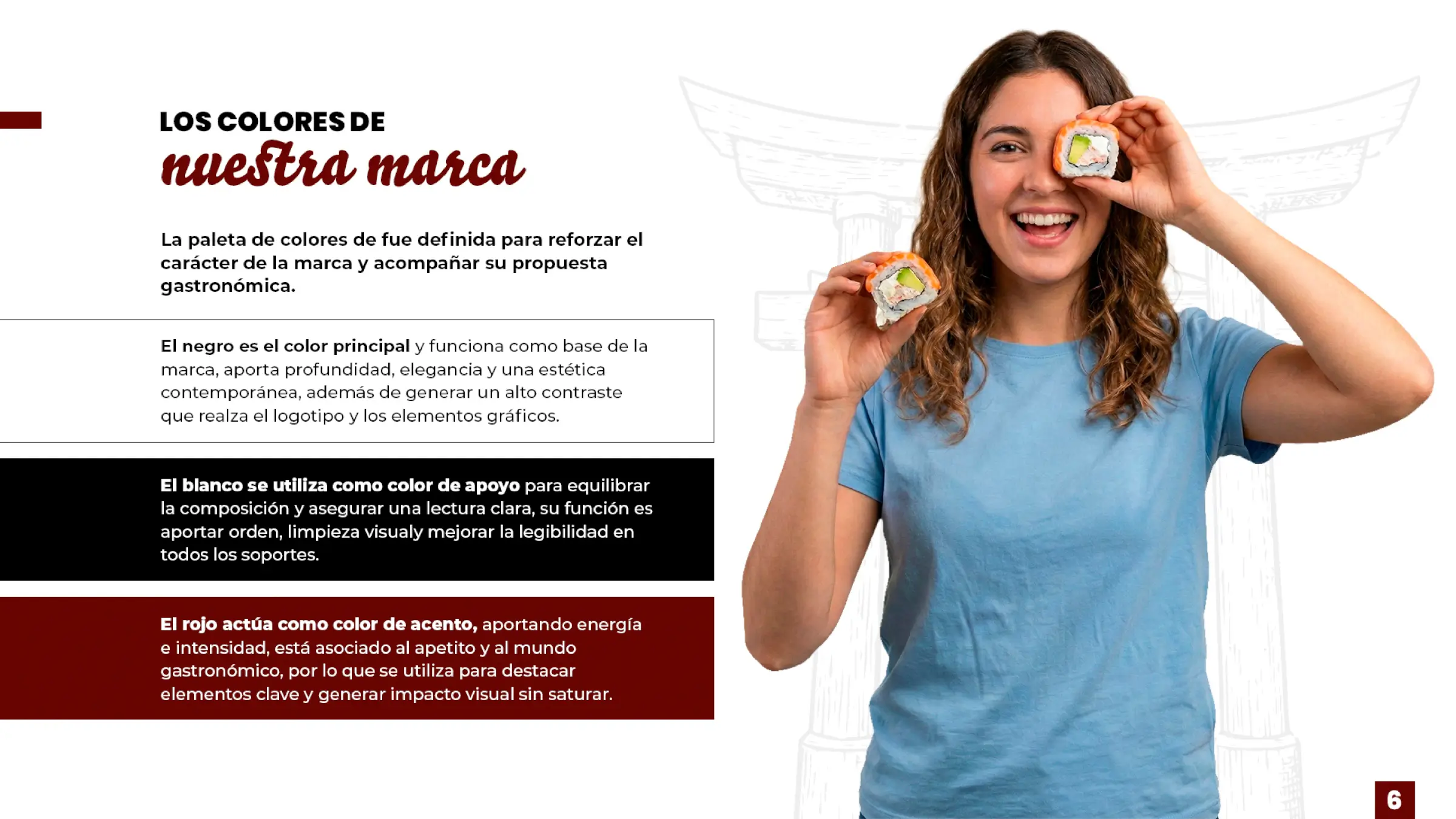 Manual de identidad: paleta cromática (negro profundo, crema y rojo), trabajo de fusion sushi quillota