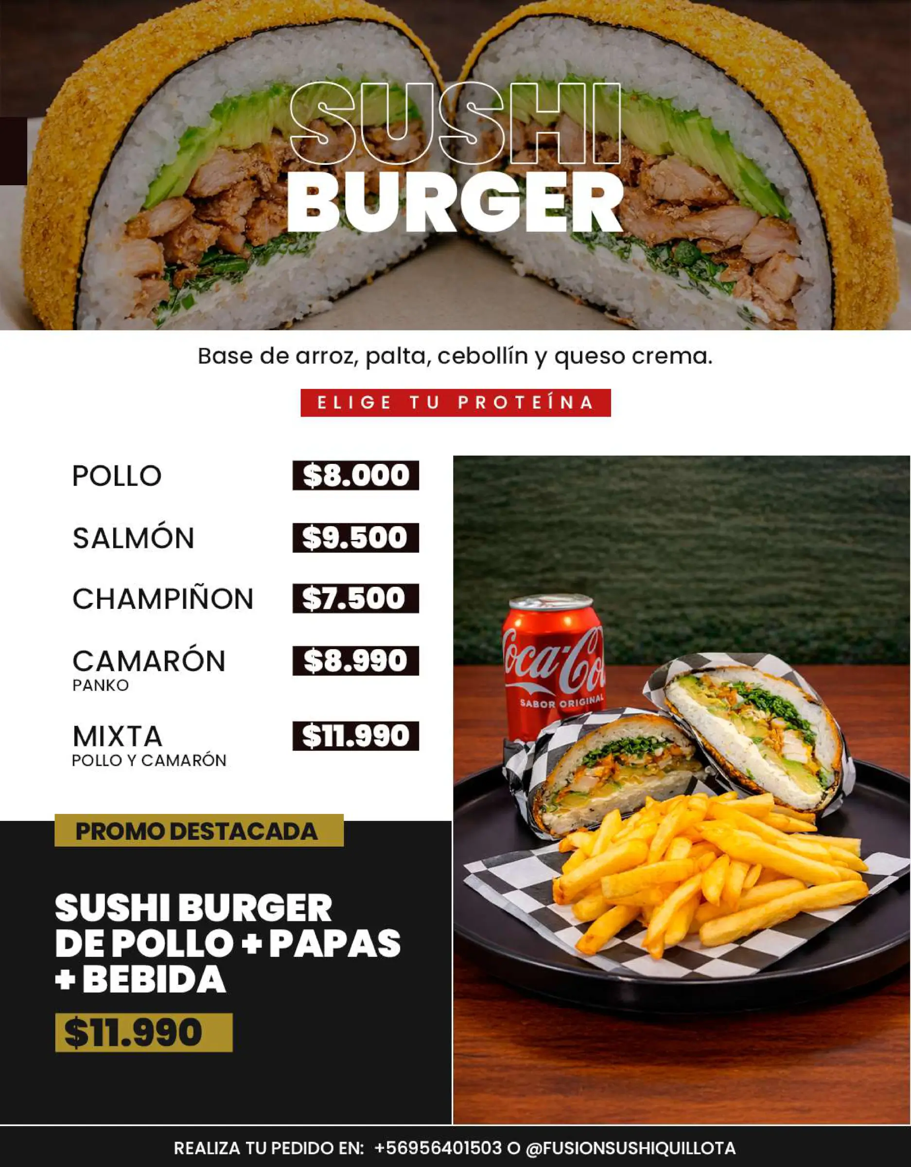 Carta de producto: Especialidades de Sushi Burger, trabajo de fusion sushi quillota