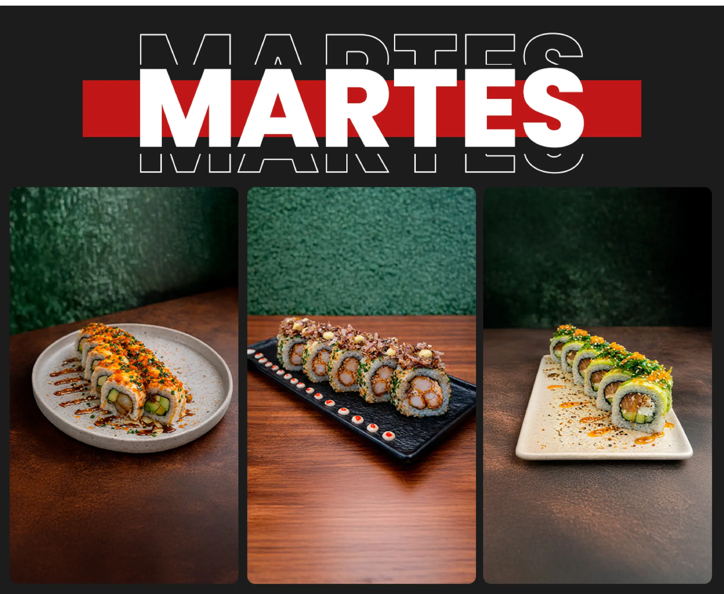 Promoción semanal: Martes de tablas combinadas para dos, trabajo de fusion sushi quillota