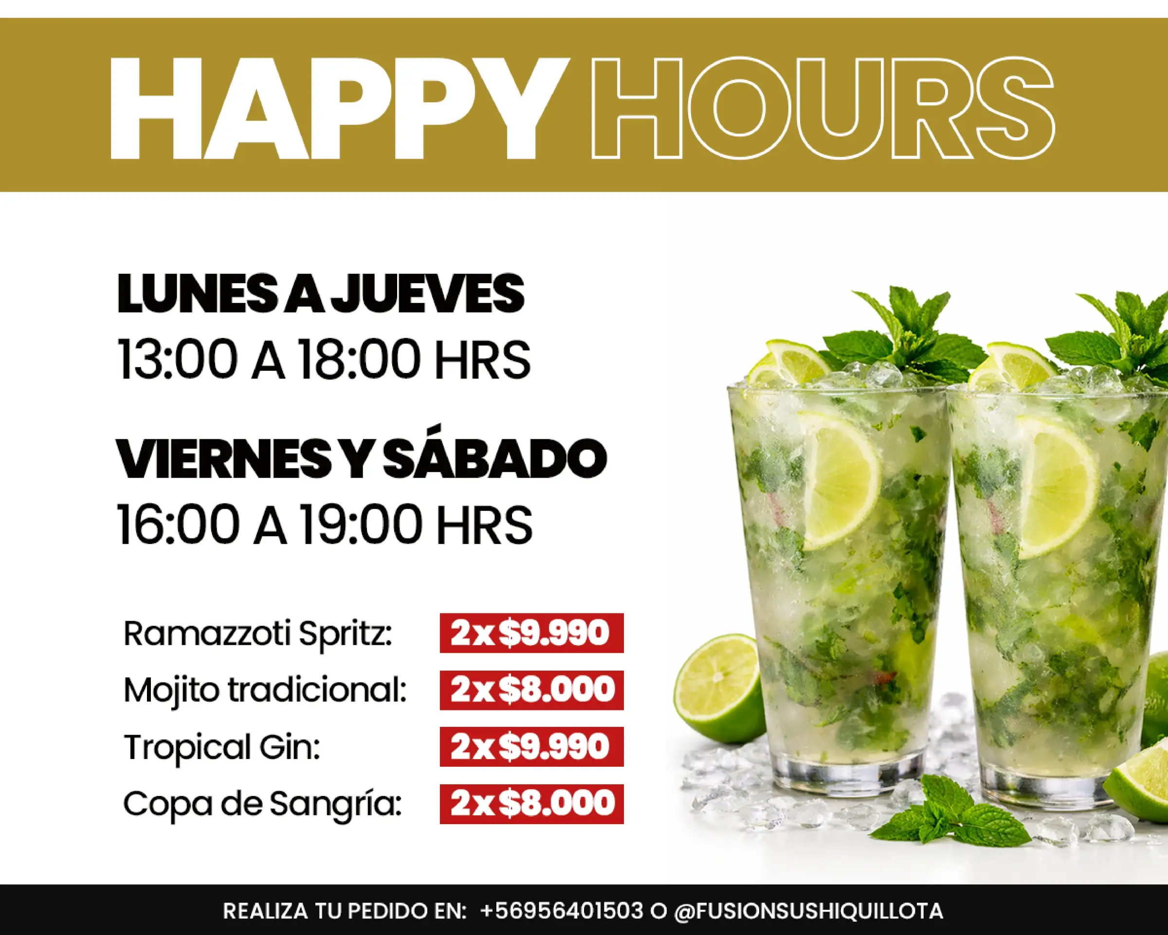 Promoción semanal: Viernes y fin de semana de happy hour y delivery, trabajo de fusion sushi quillota