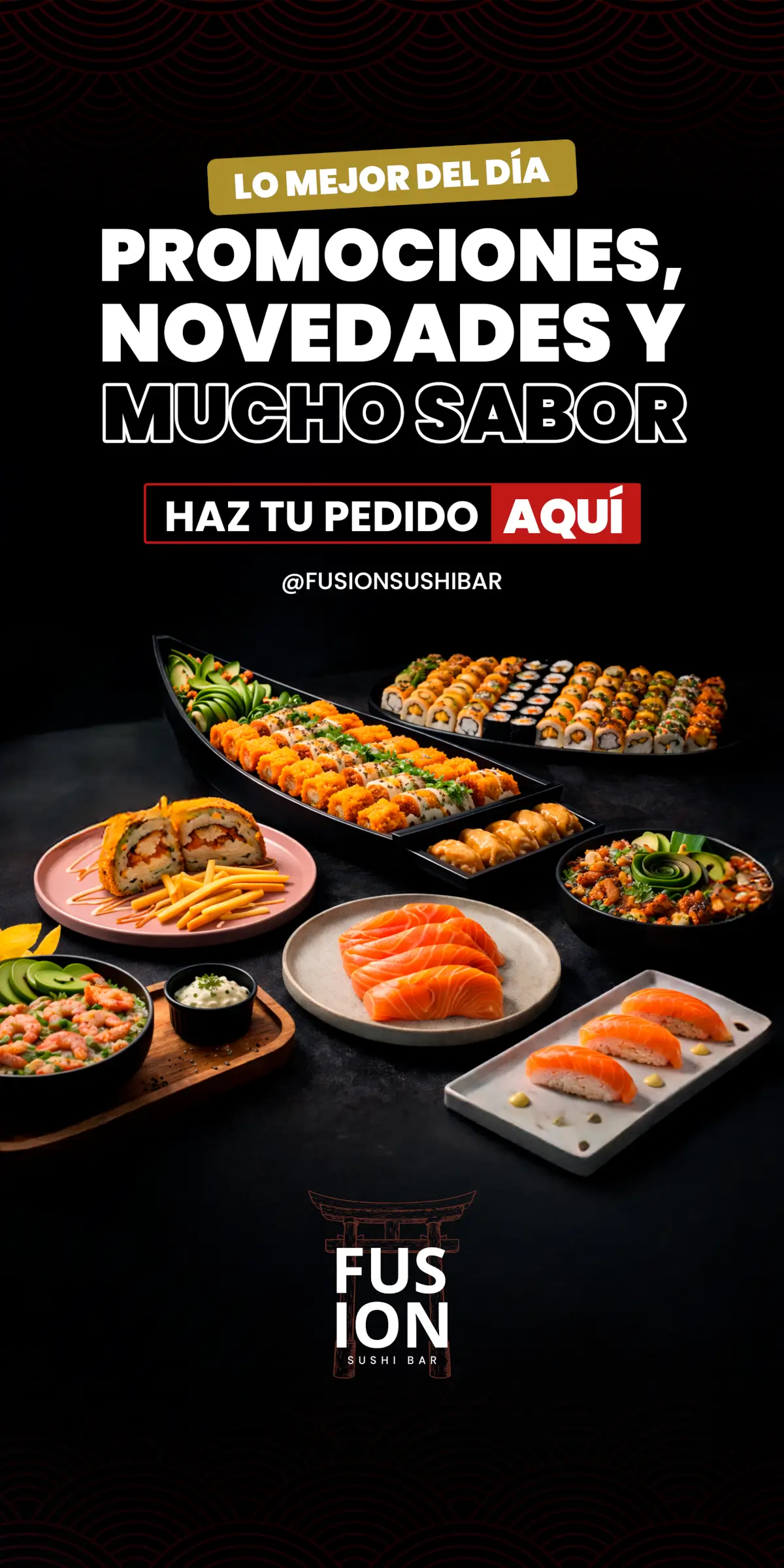 Señalética posterior: propuesta de valor, producto y llamado a pedir, trabajo de fusion sushi quillota