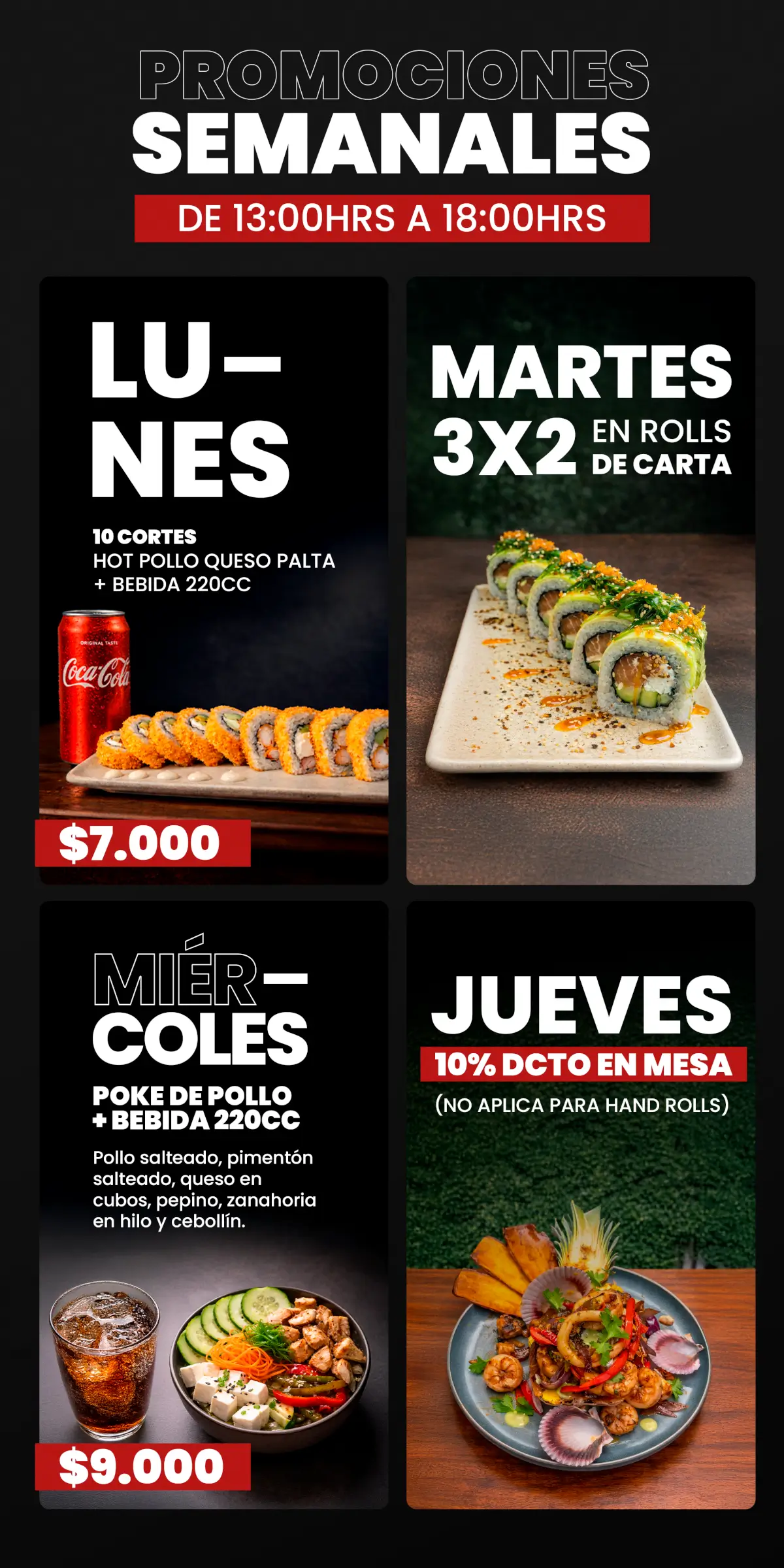 Señalética frontal: carta y promociones semanales en punto de venta, trabajo de fusion sushi quillota