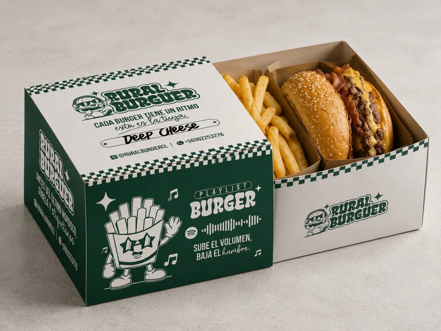 Caja diseñada para Rural Burger junto a una hamburguesa y papas