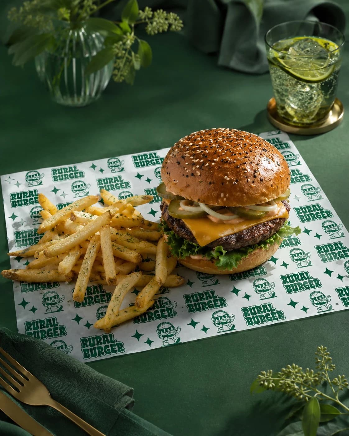 Hamburguesa y papas servidas sobre papel antigrasa de Rural Burger