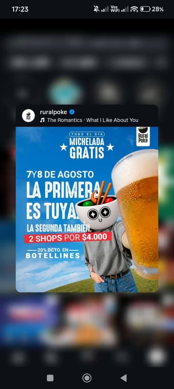 Publicación de Instagram de Ruralpoke con promoción de micheladas