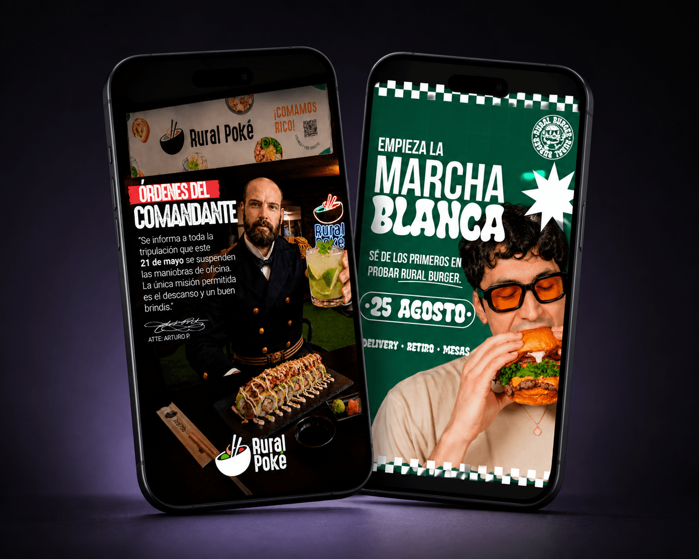 Dos teléfonos muestran piezas de campaña creadas para Ruralpoke y Rural Burger.