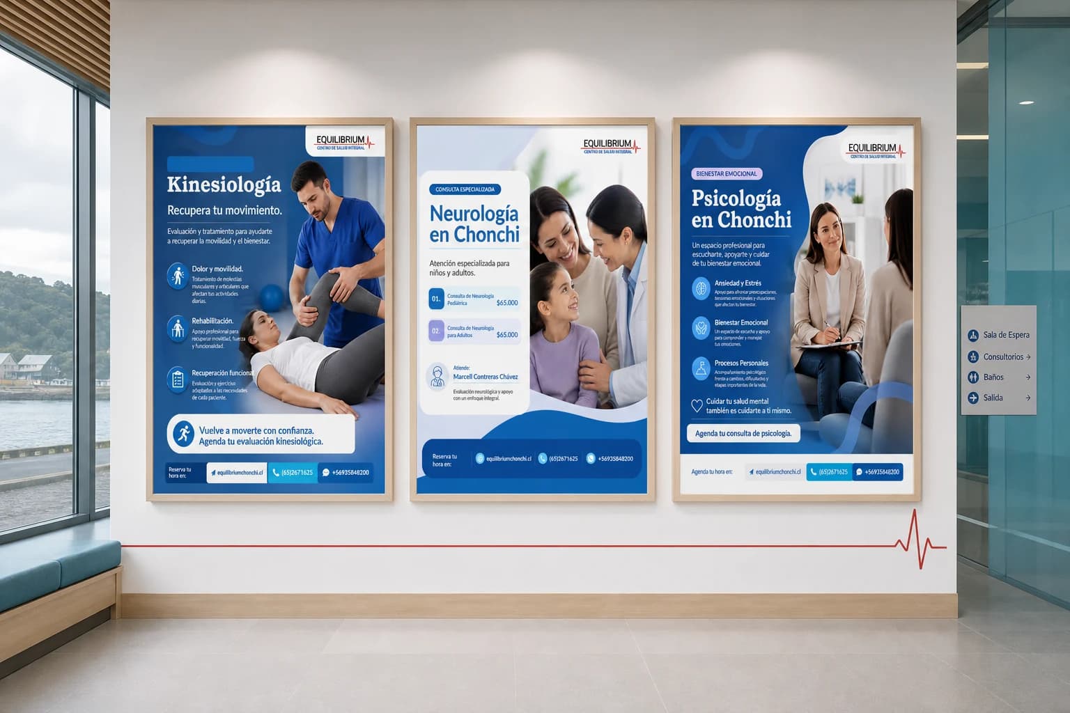 Visualización editorial de tres piezas de especialidades Equilibrium instaladas en un centro de salud