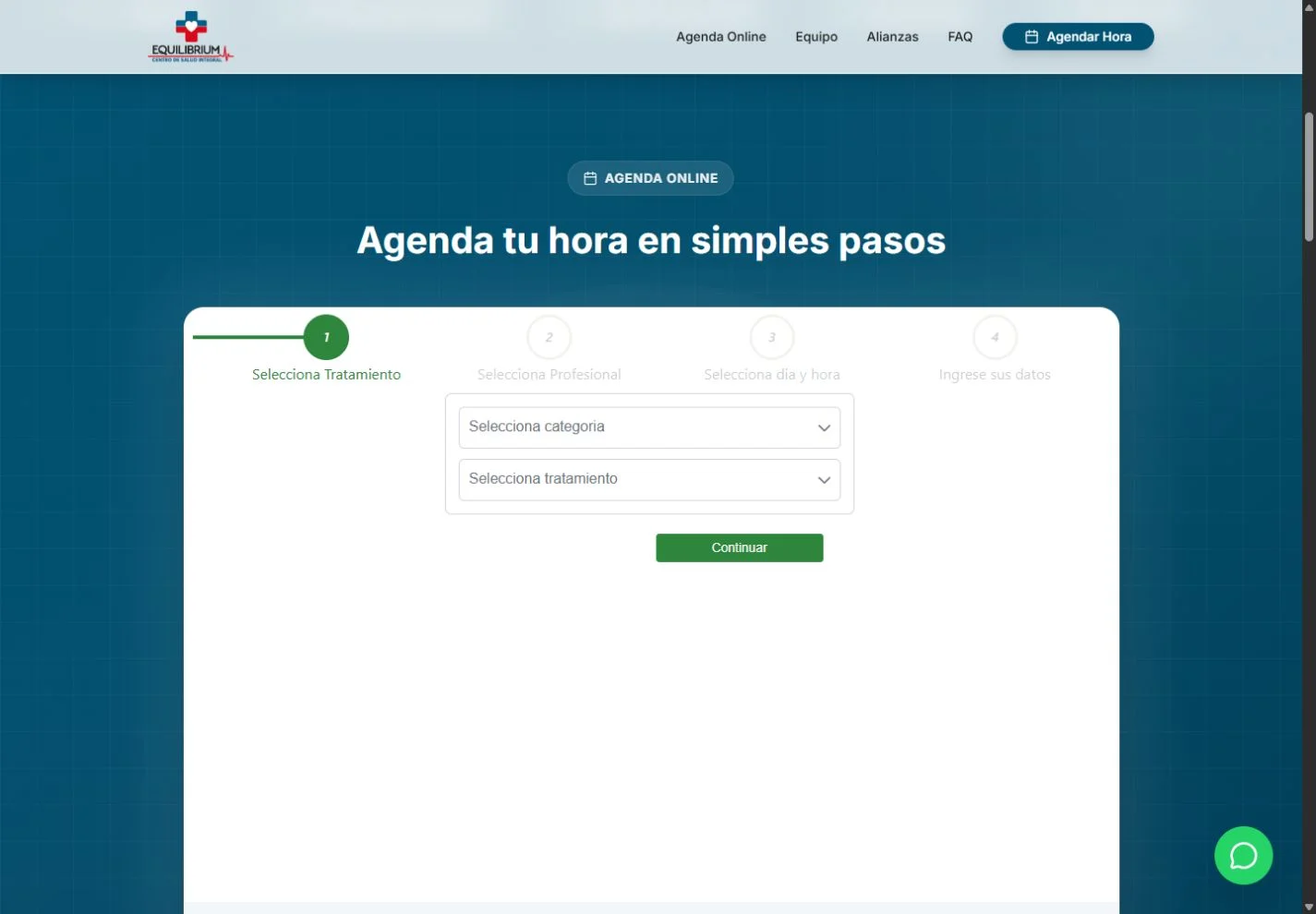 Sistema real de reserva de Equilibrium organizado en tratamiento, profesional, fecha y datos