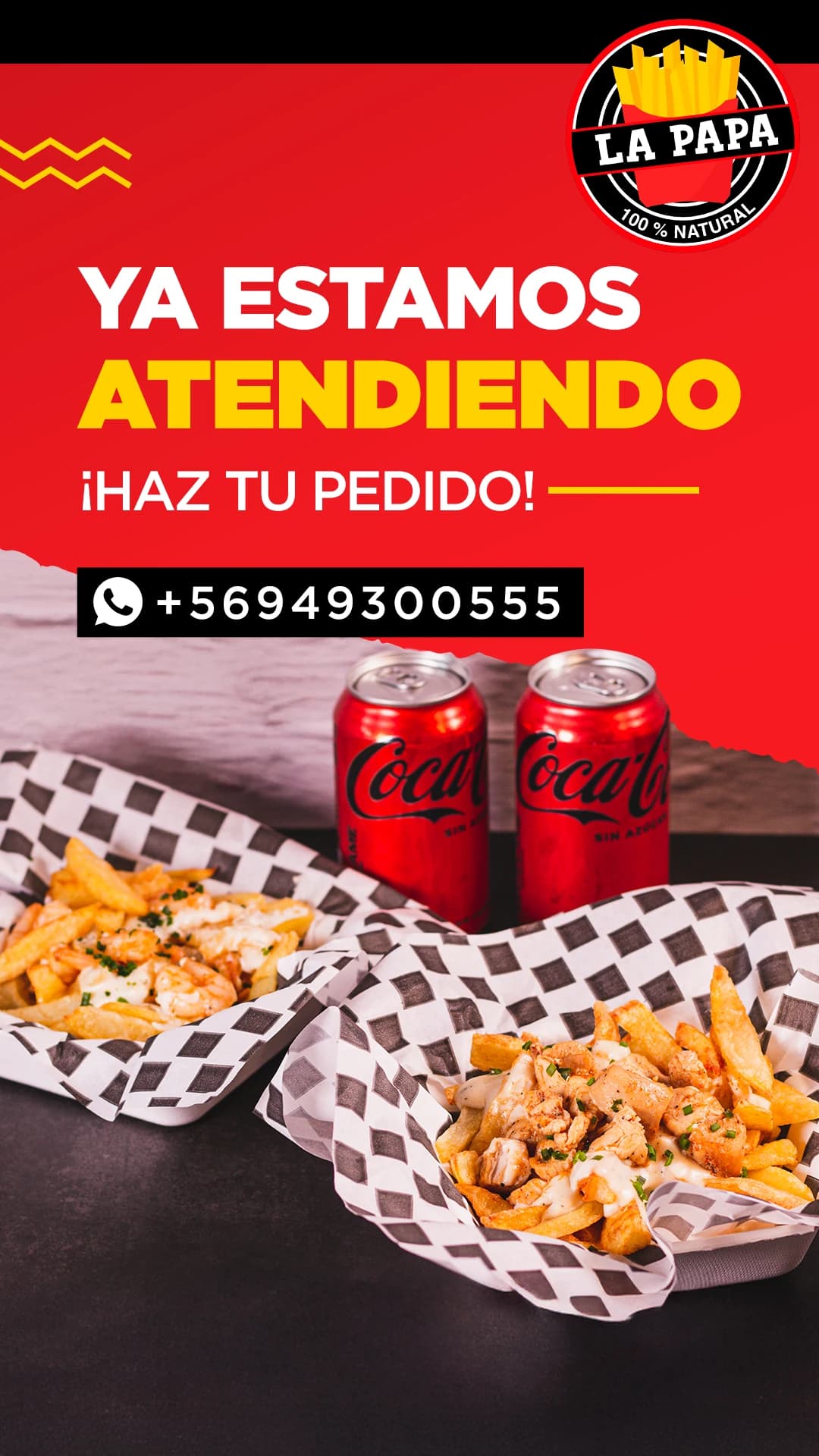 Pieza publicitaria: llamado a pedir delivery y retiro en local, trabajo de lapapa