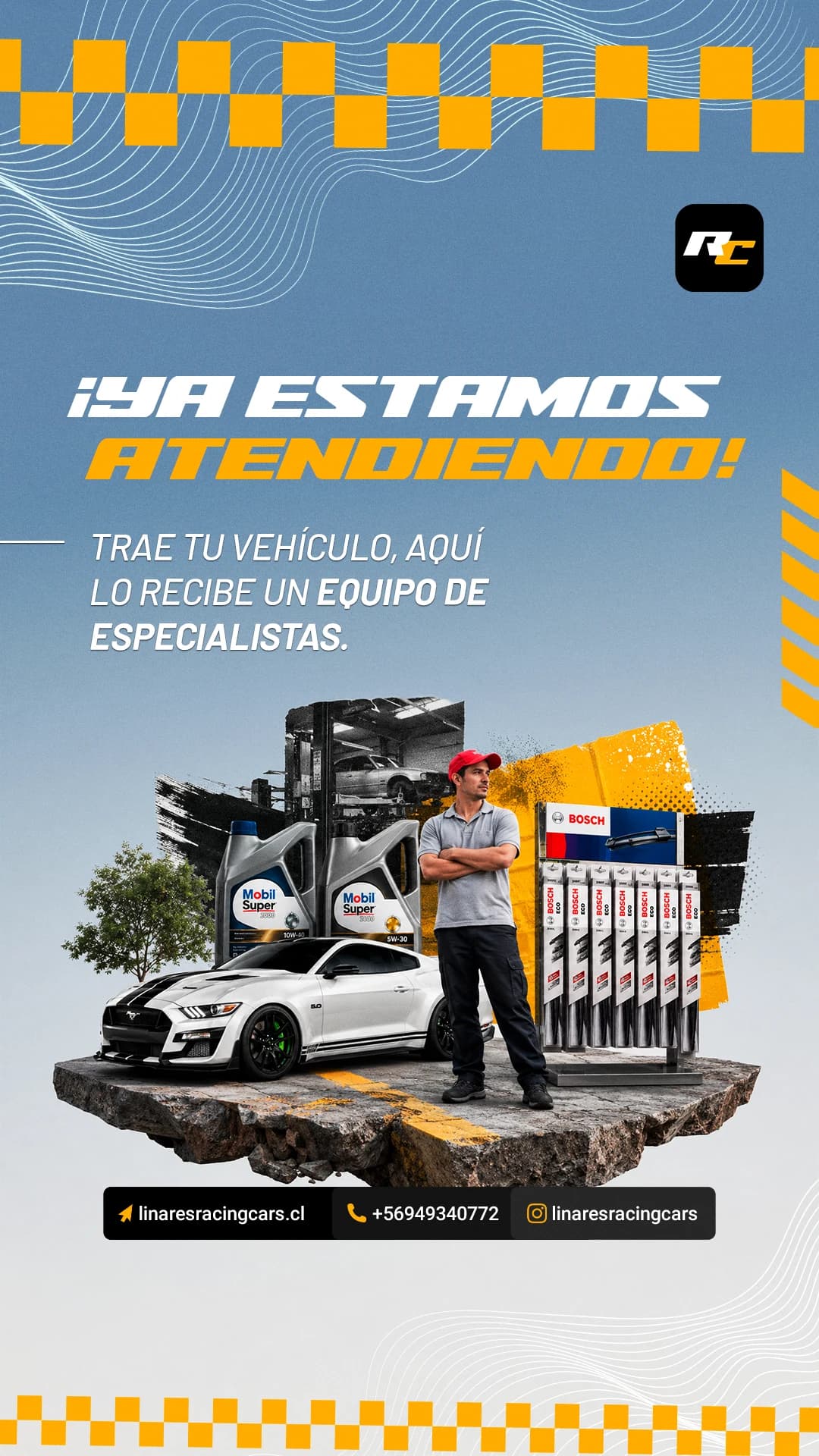 Pieza de estado operativo: taller abierto con recepción activa de vehículos, trabajo de linares racing cars