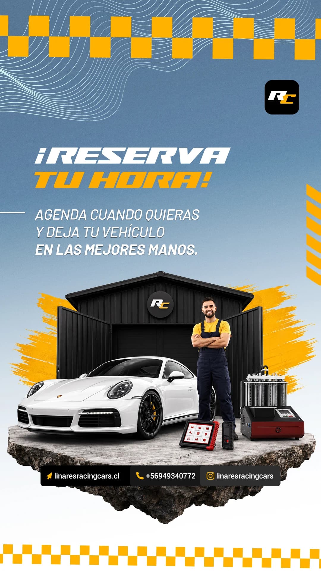 Pieza promocional: agendamiento de mantención y alineación computarizada, trabajo de linares racing cars