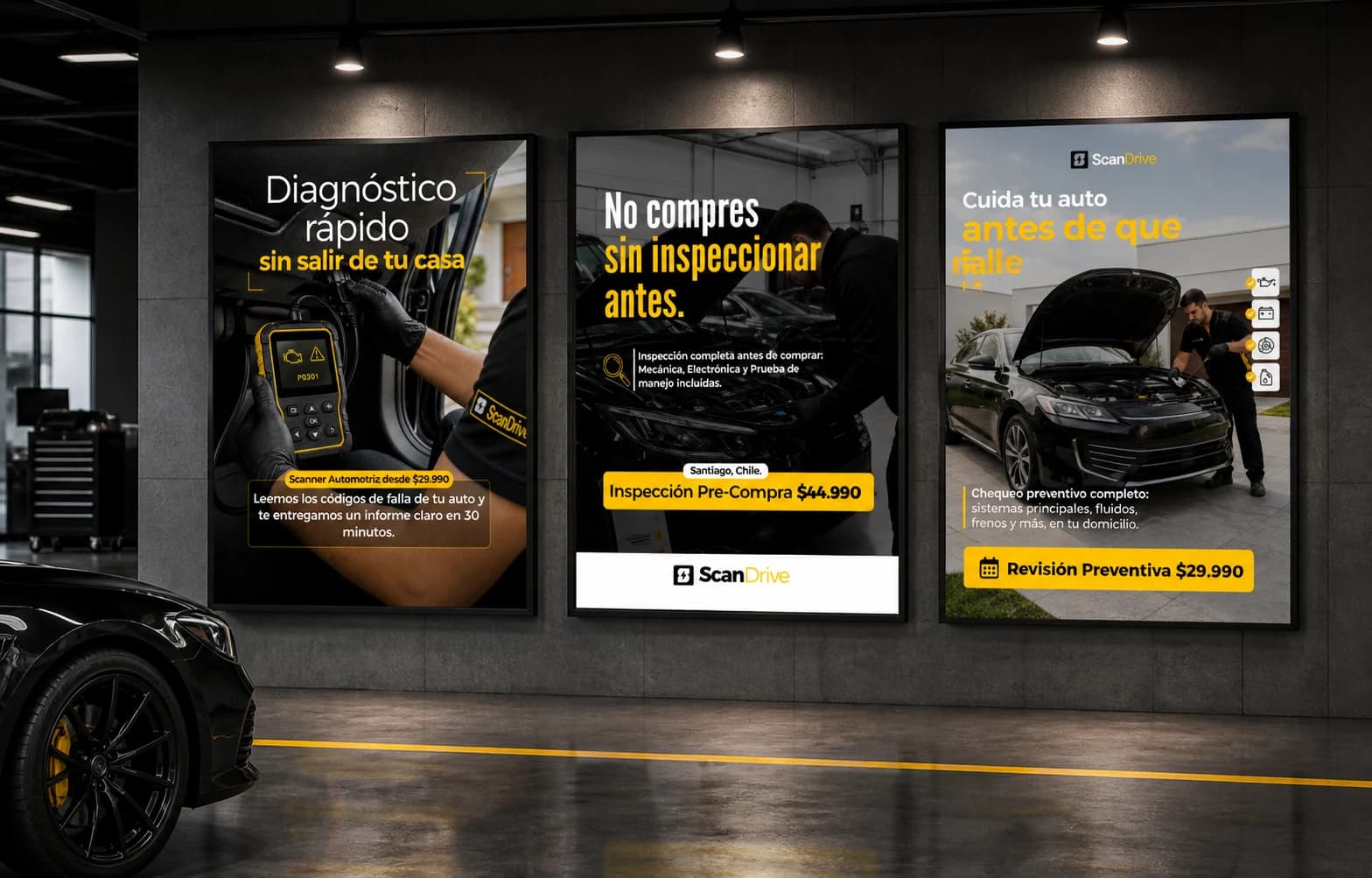 Mockup editorial de tres gráficas de Scandrive instaladas en una galería automotriz