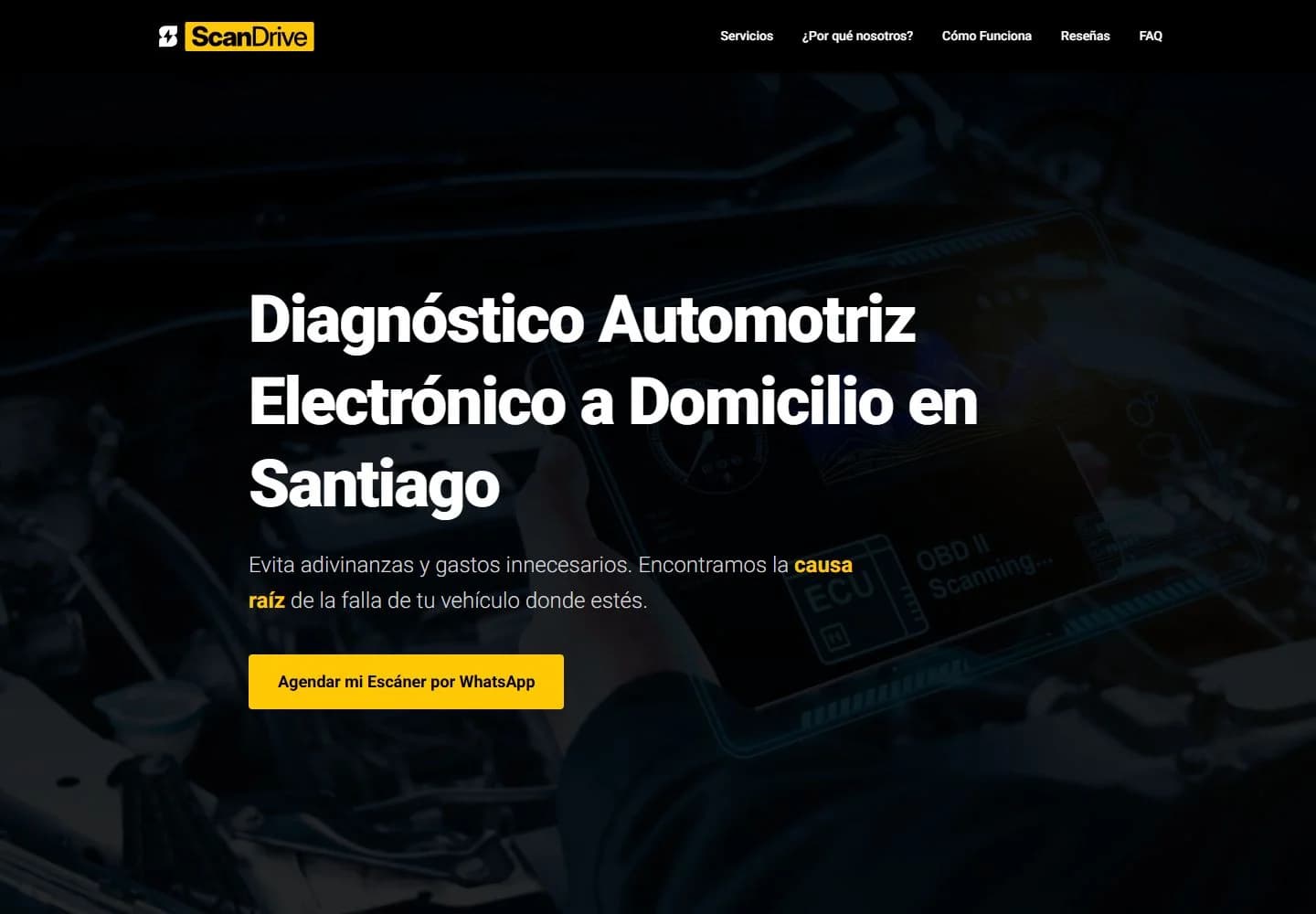 Portada real de Scandrive en escritorio con propuesta de diagnóstico electrónico a domicilio