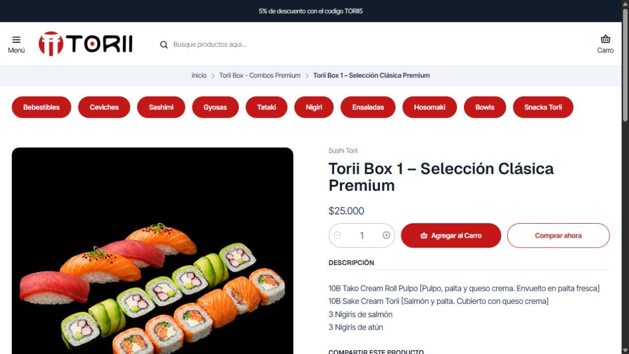 Captura del sitio de Sushi Torii, 14 de agosto de 2026. Evidencia del caso Sushi Torii.