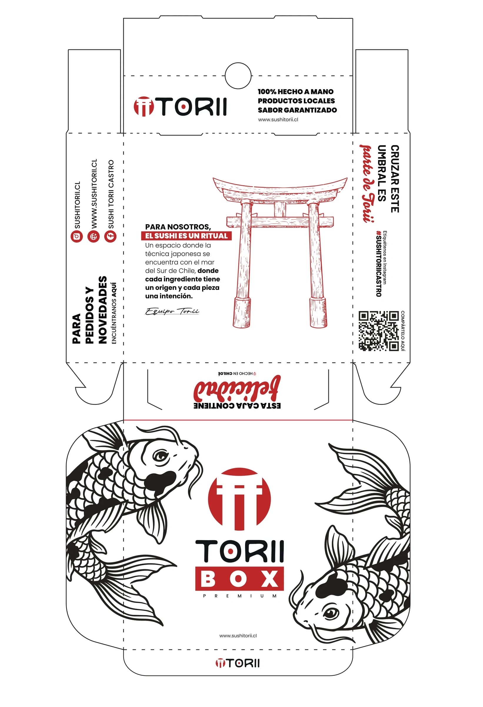 Plano técnico y troquel de empaque premium para sushi delivery (22x22 cm), trabajo de sushi torii
