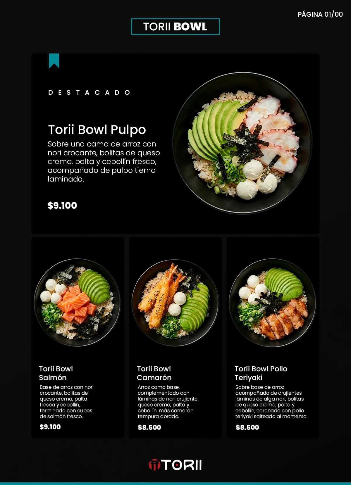 Carta de especialidades: Poke Bowls y combinaciones frescas, trabajo de sushi torii