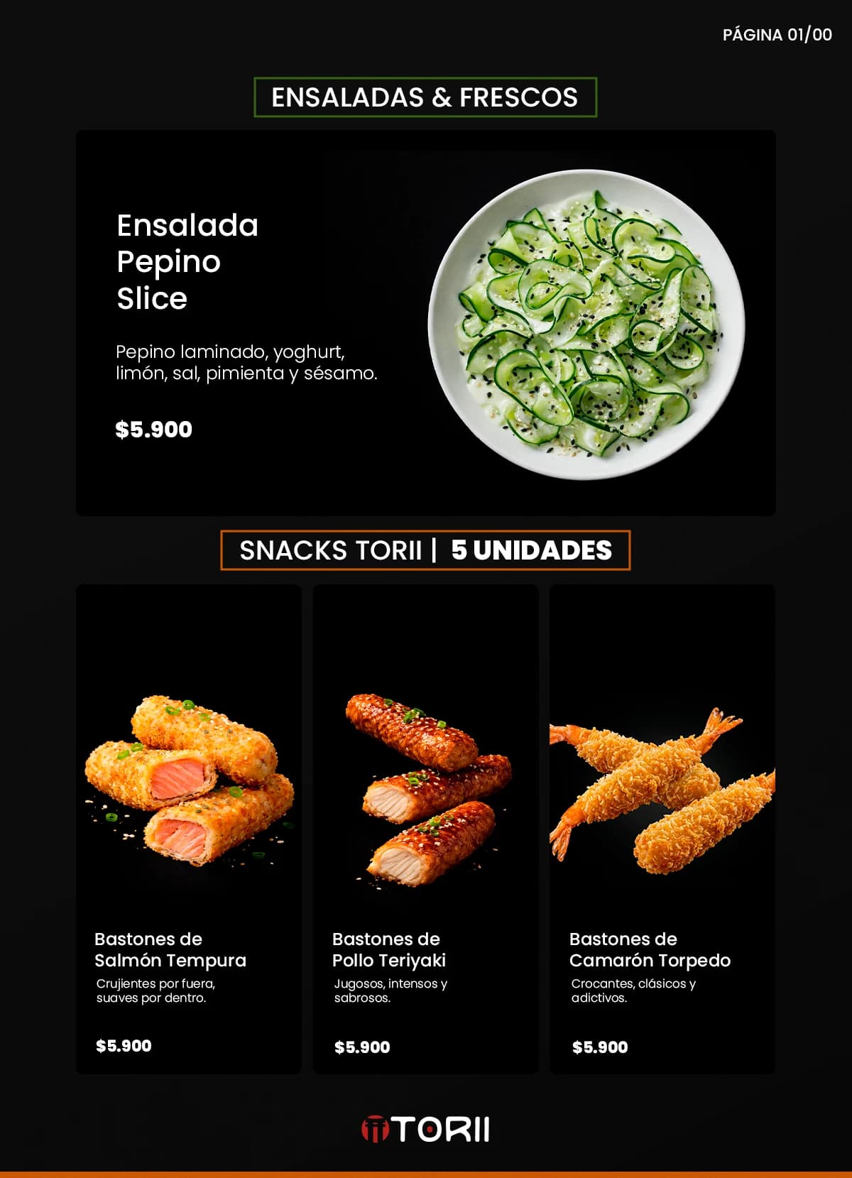 Carta de especialidades: Ensaladas frescas y aperitivos japoneses, trabajo de sushi torii