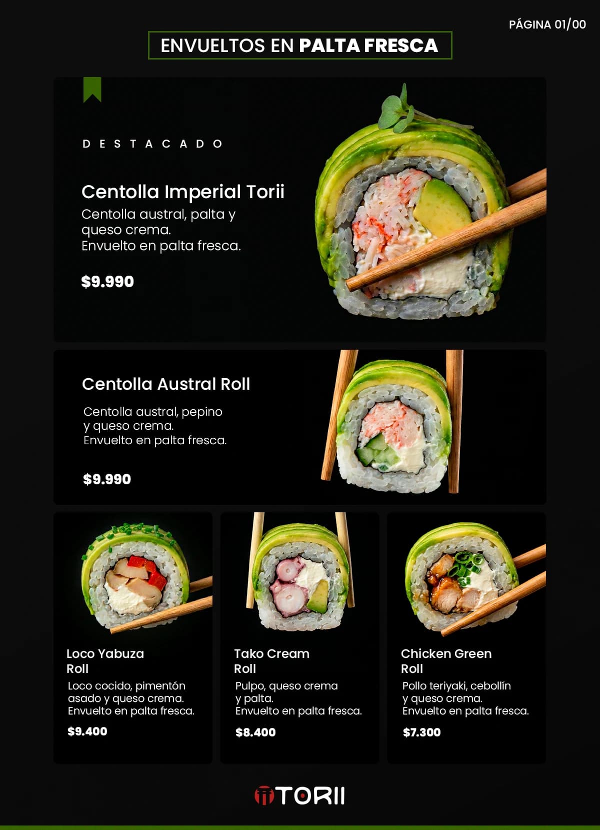 Carta de rolls: selección de rolls envueltos en palta fresca, trabajo de sushi torii