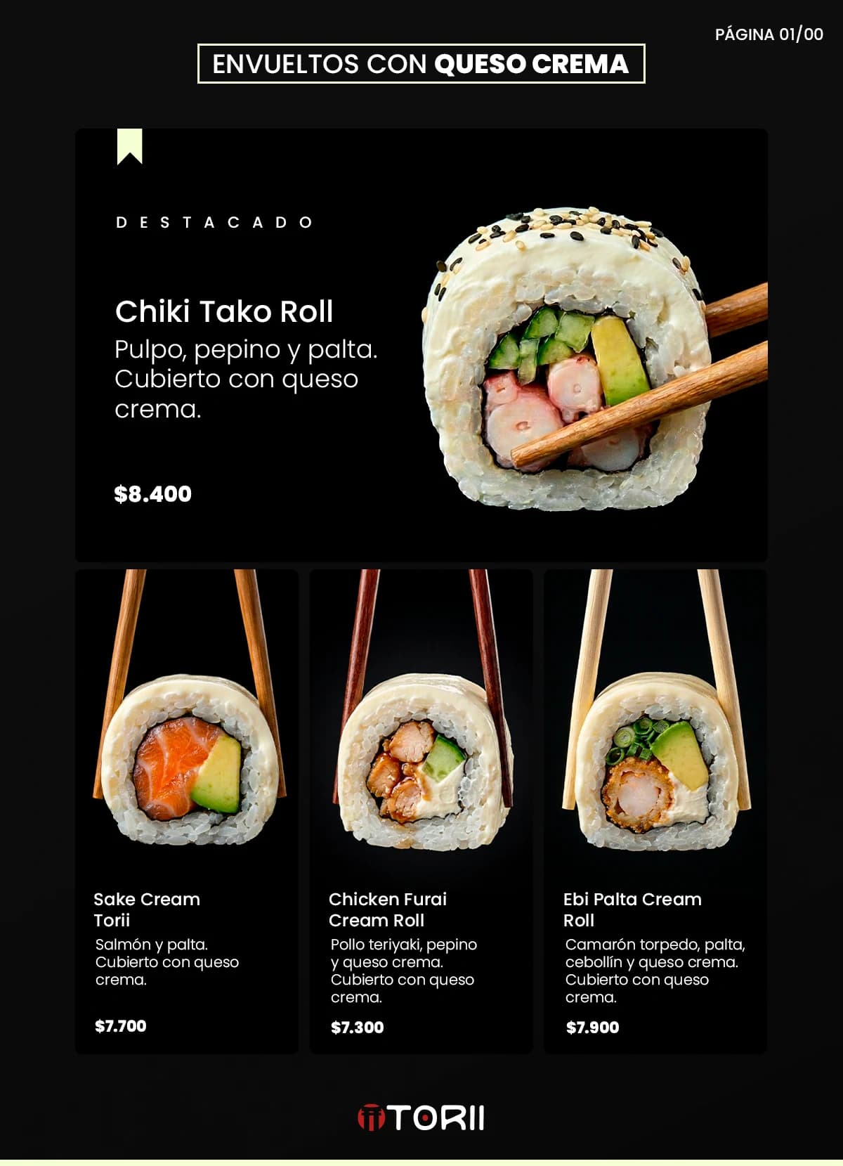 Carta de rolls: selección de rolls envueltos en queso crema, trabajo de sushi torii