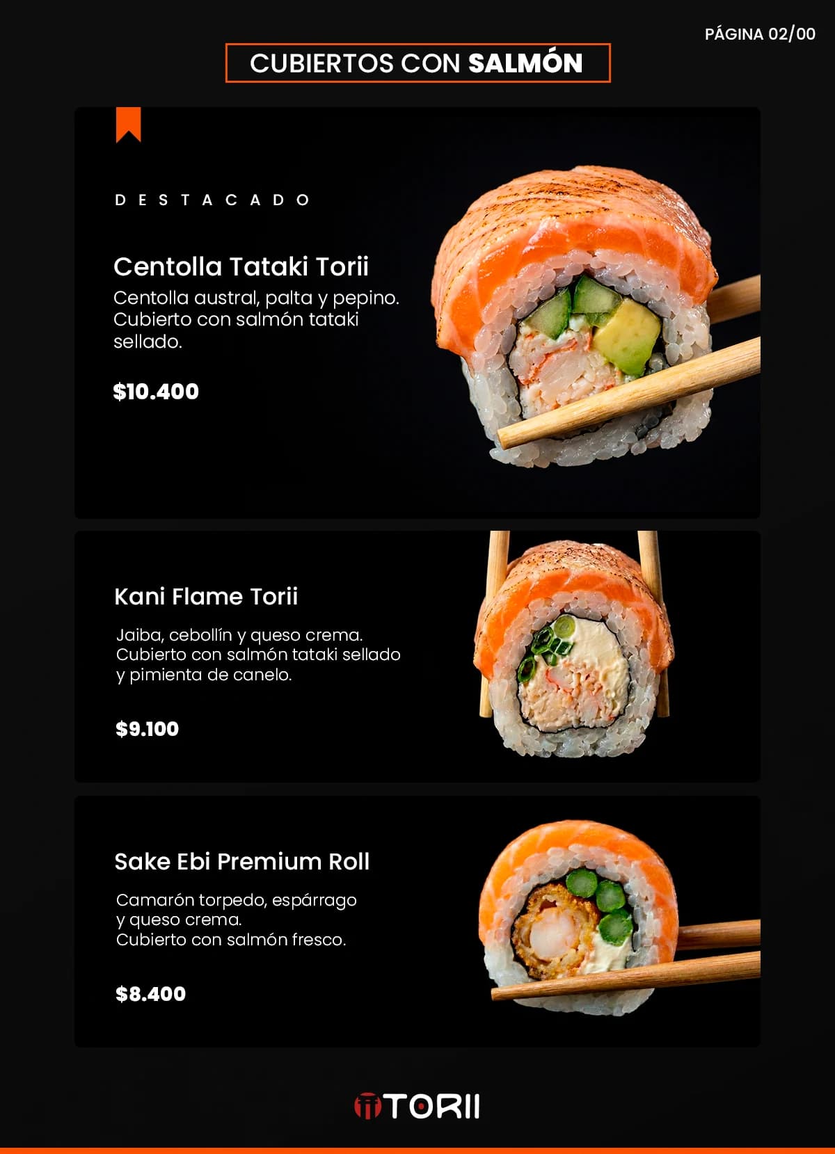 Carta de rolls: selección de rolls envueltos en salmón fresco, trabajo de sushi torii