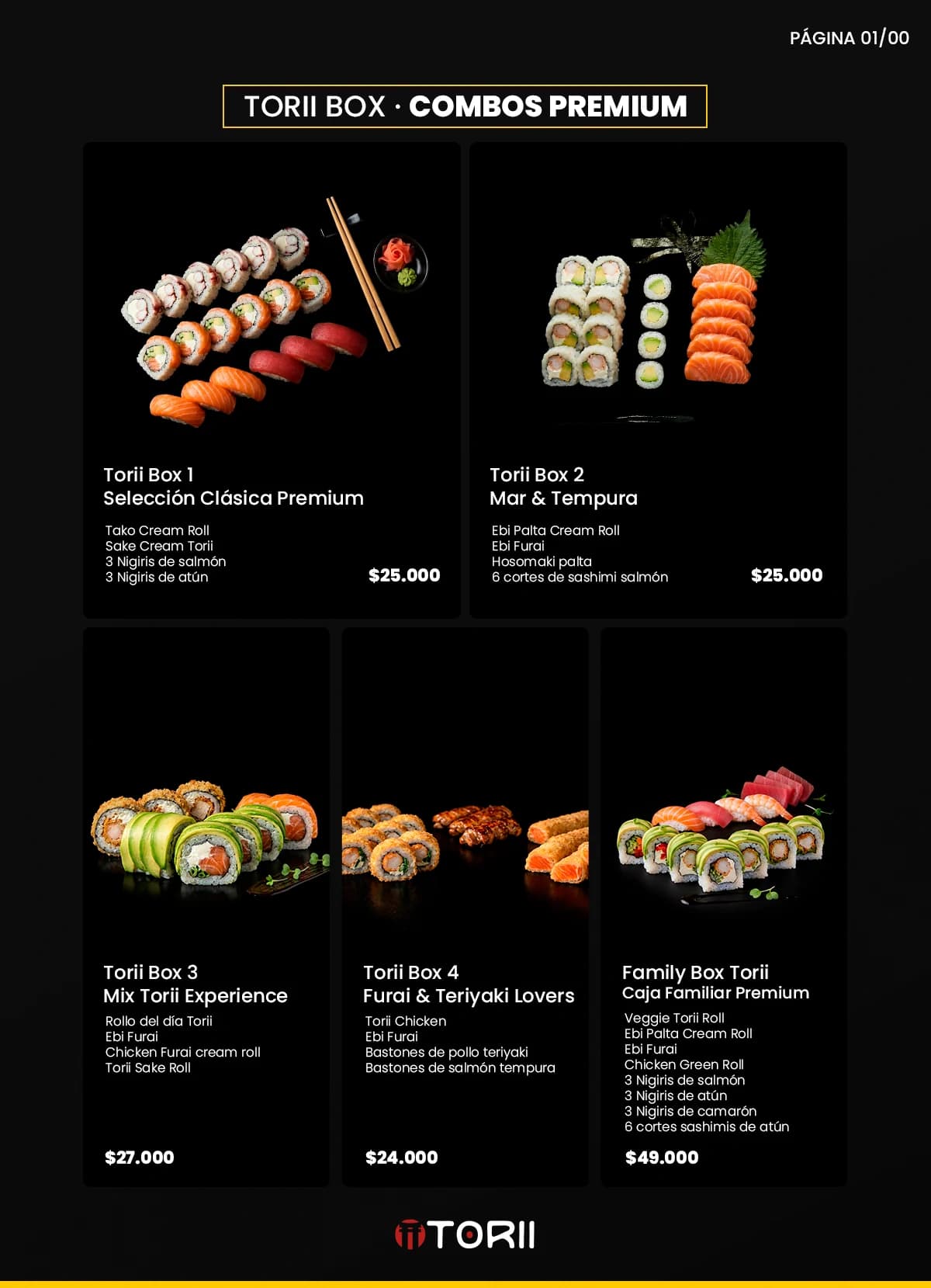 Carta de promociones: Toribox y combinaciones familiares, trabajo de sushi torii
