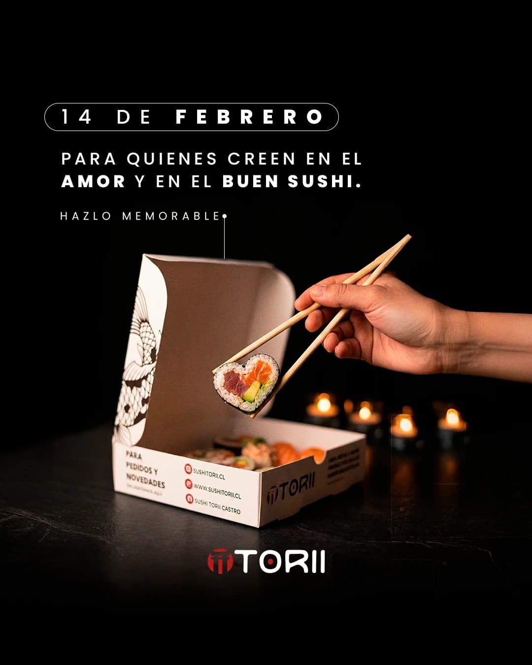 Campaña especial: Promoción y menú en pareja para San Valentín, trabajo de sushi torii