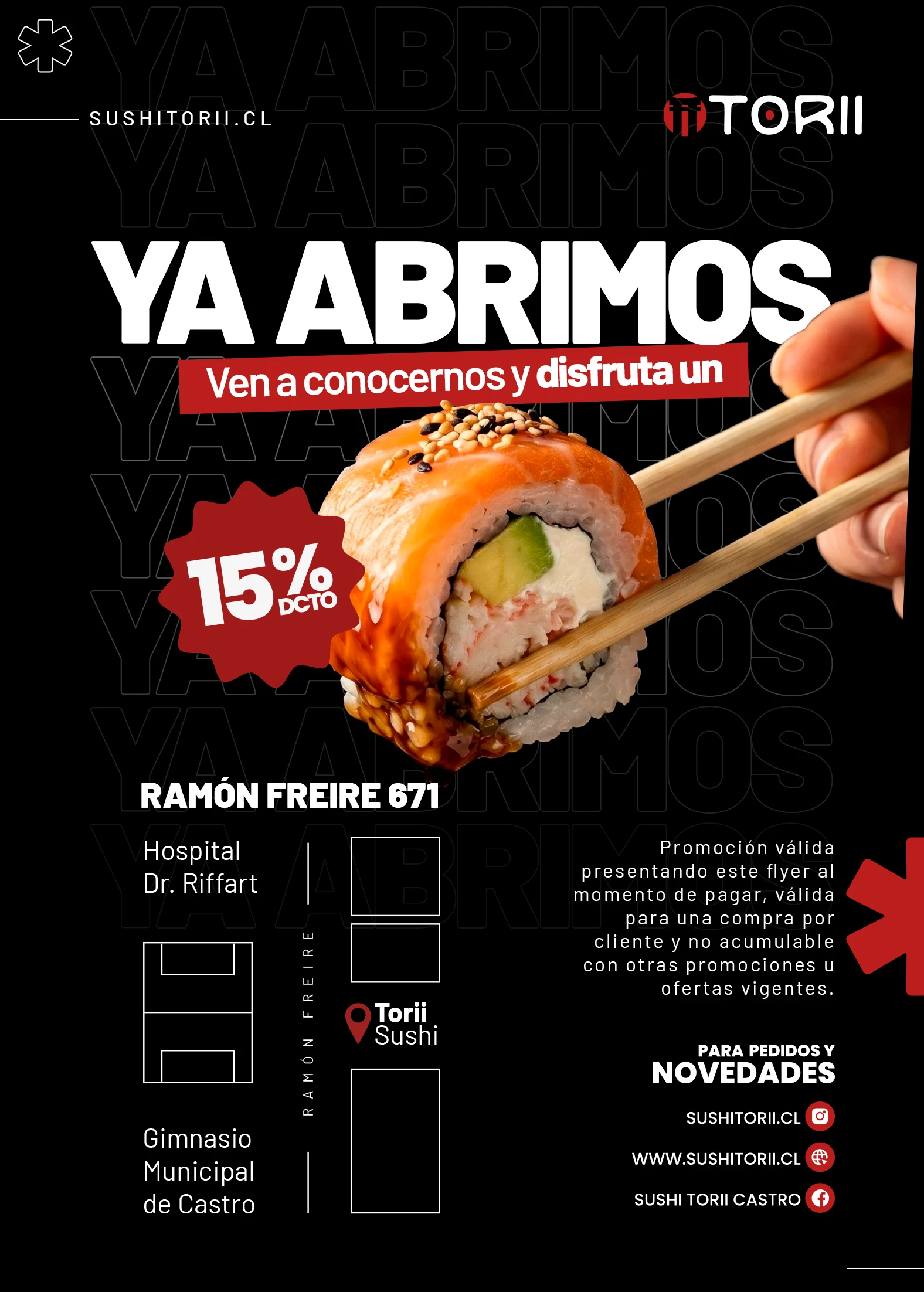 Flyer promocional: Anuncio de inauguración y apertura del local, trabajo de sushi torii