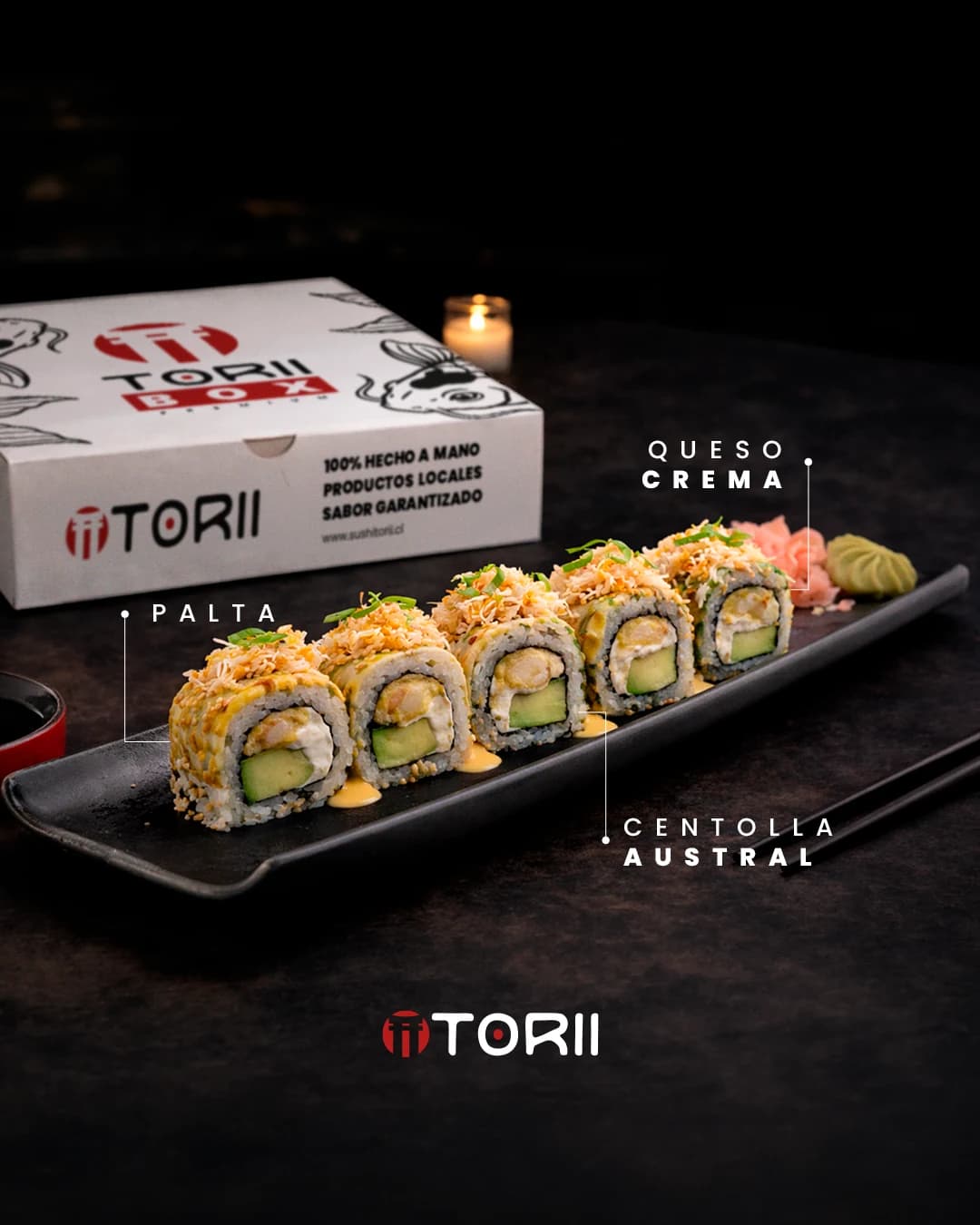 Pieza de producto: Roll Imperial con toppings especiales, trabajo de sushi torii