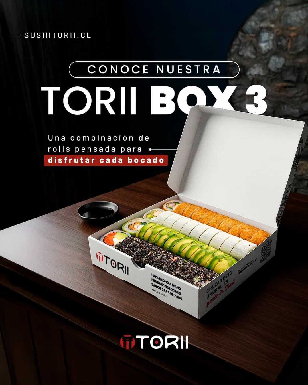 Pieza publicitaria: Presentación de la caja Torii Box de 30 piezas, trabajo de sushi torii