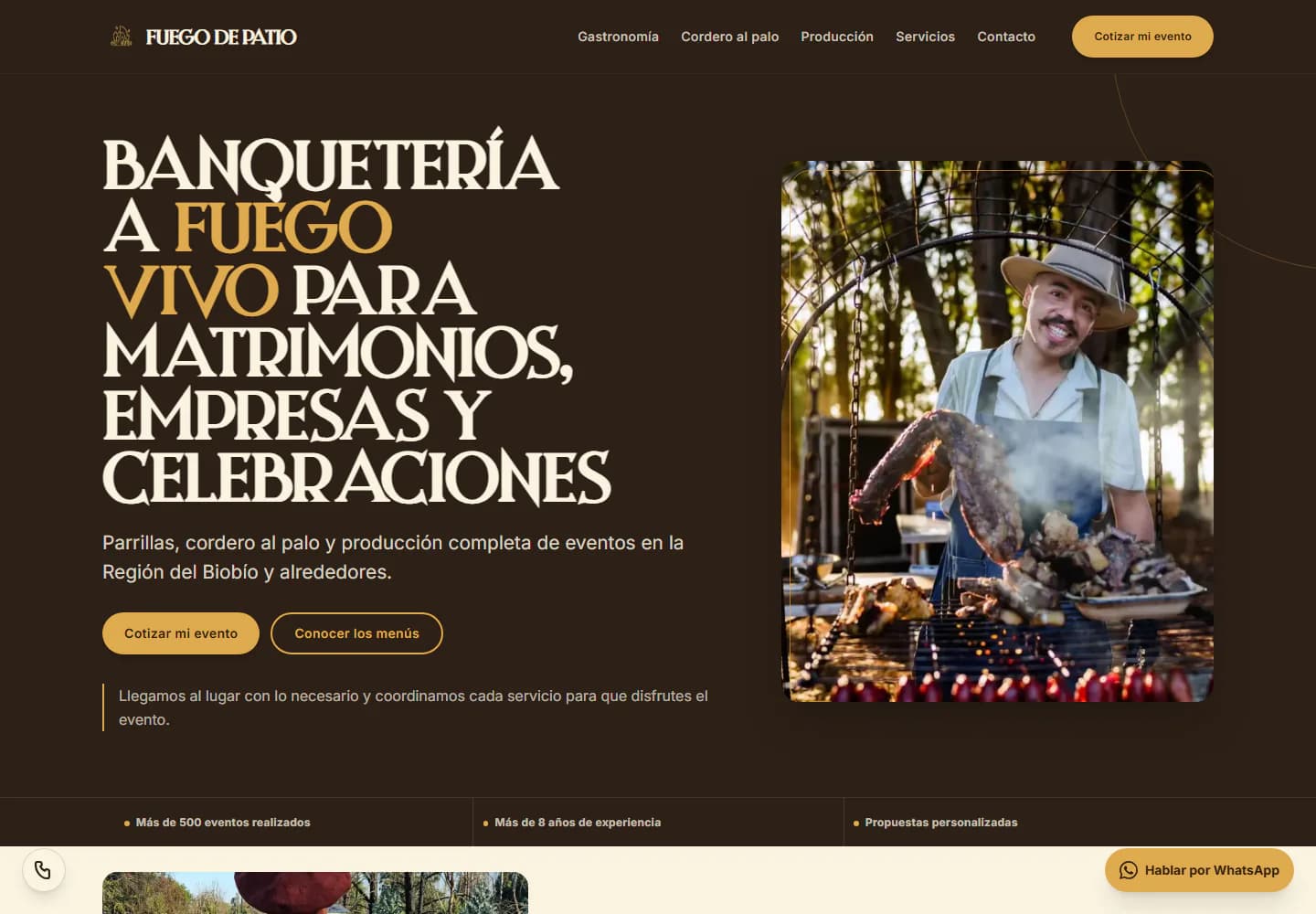 Hero de Fuego de Patio con su propuesta de banquetería a fuego vivo y llamados a cotizar