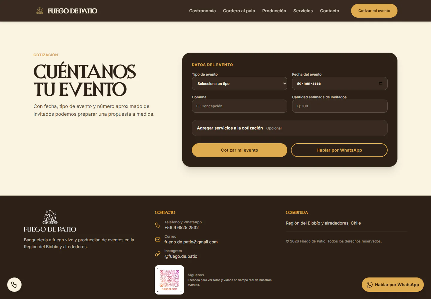 Cotizador de Fuego de Patio con datos esenciales del evento y acceso alternativo a WhatsApp